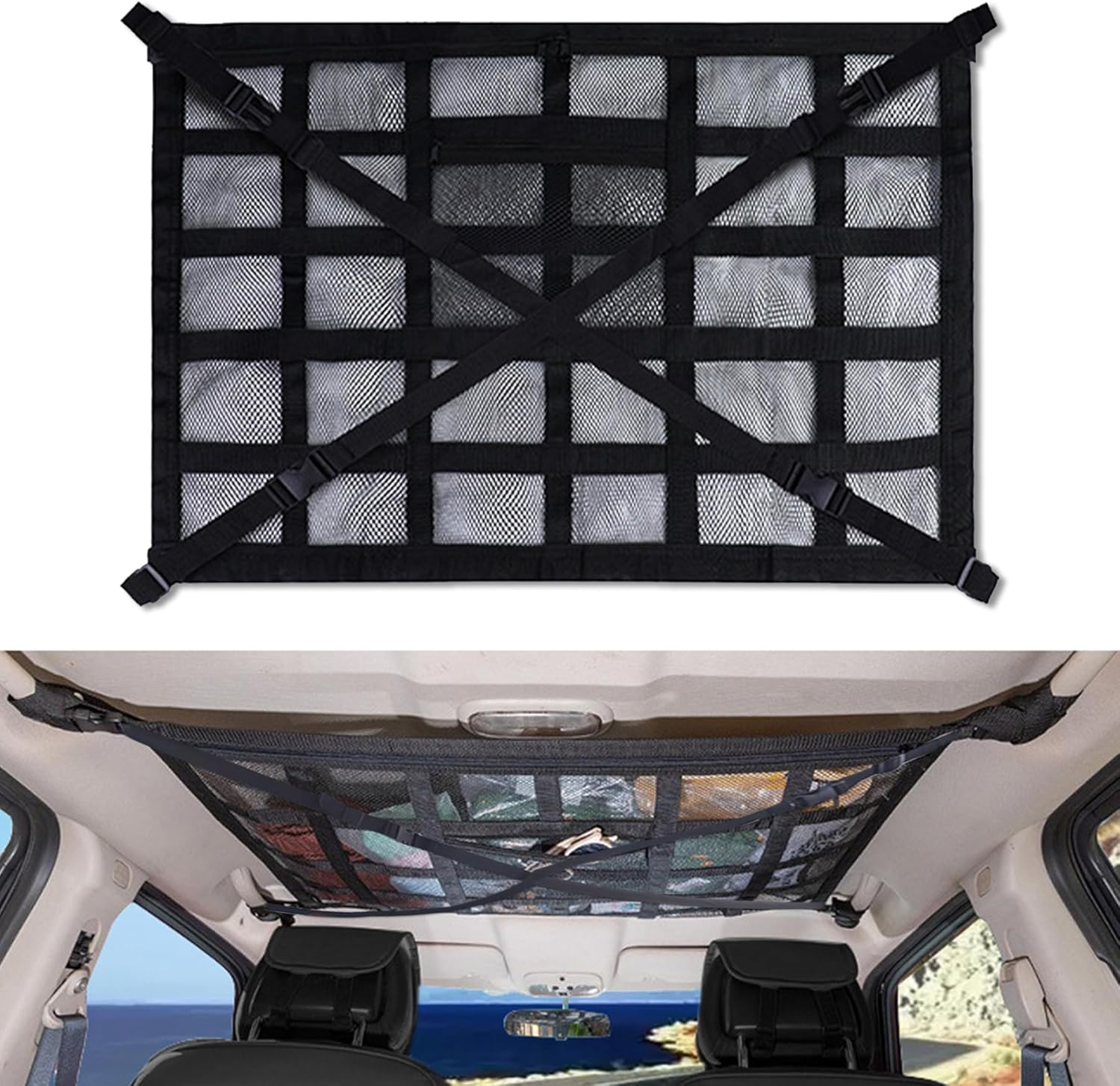 ZAOZAOLLND Car Ceiling Cargo Net Pocket, Three Sizes: 90 * 65CM Strengthen Load-Bearing and Droop Less Mesh Organizer, Long Travel Road Trip,Item Storage (Black, 90 * 65Cm) image number 4