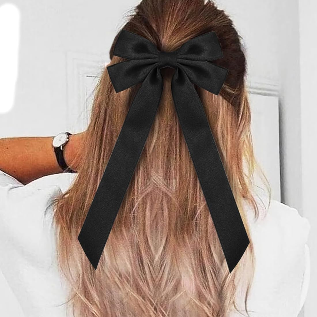 Pack of 2 Silky Satin Bun Hair Clips Black White Hair Bands Ponytail Clips Metal Clips Women'S Hair Bundles image number 4