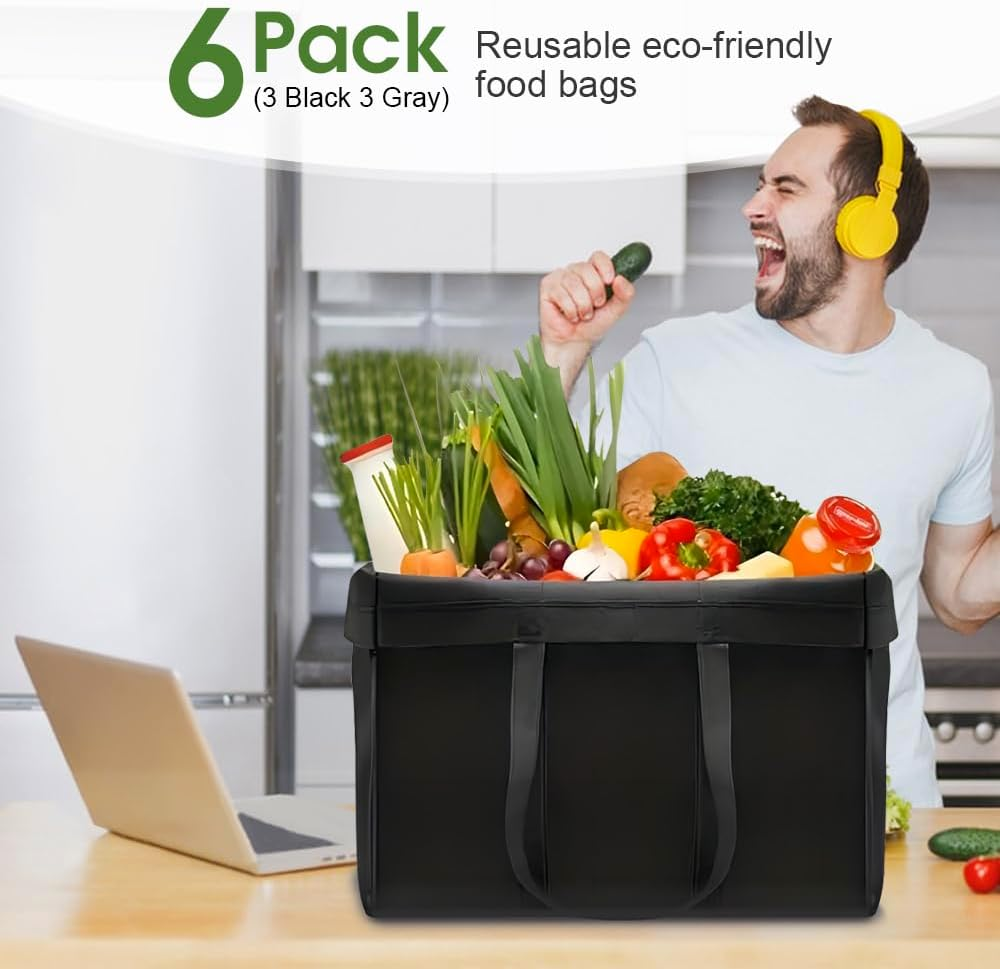 Sonicefit 6 Pack Reusable Grocery Bags, Large Foldable Shopping Totes with Reinforced Bottom, Heavy Duty, Multi-Purpose image number 5