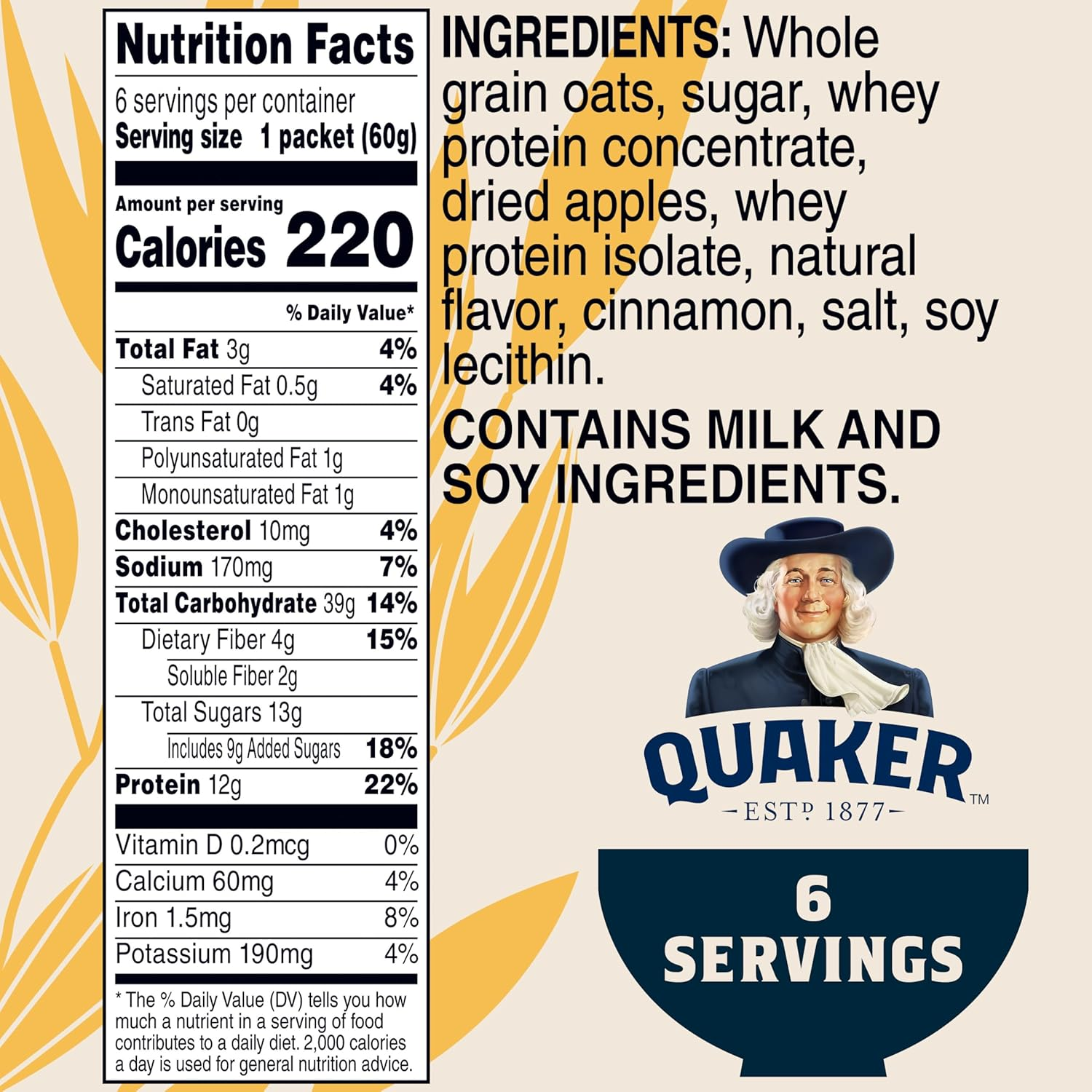 Quaker Instant Oatmeal, Protein Apple Cinnamon, 6 Count image number 2