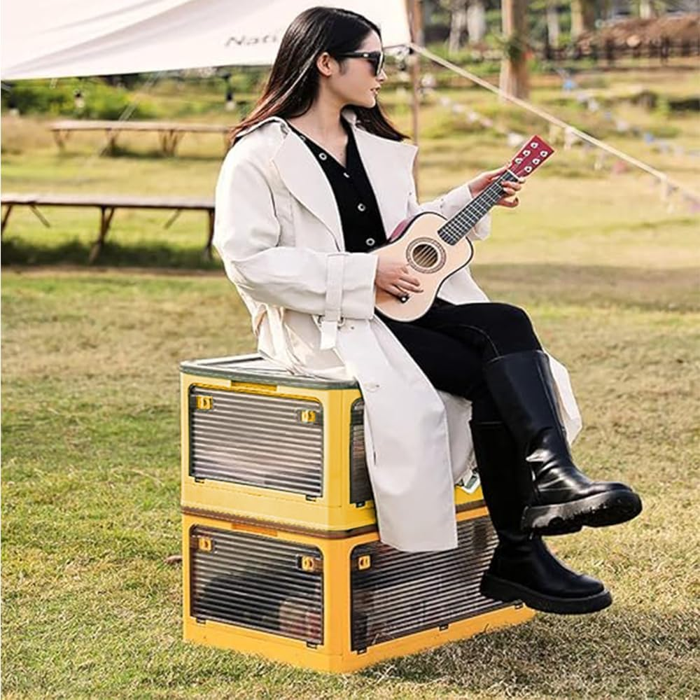 2 Pack Plastic 4 Doors Collapsible Storage Bins with Lid & Wheels Foldable Lidded Storage Containers with Handle Slots Multifunctional Stackable Folding Organizer Cube for Camping Clothes Toys, Yellow