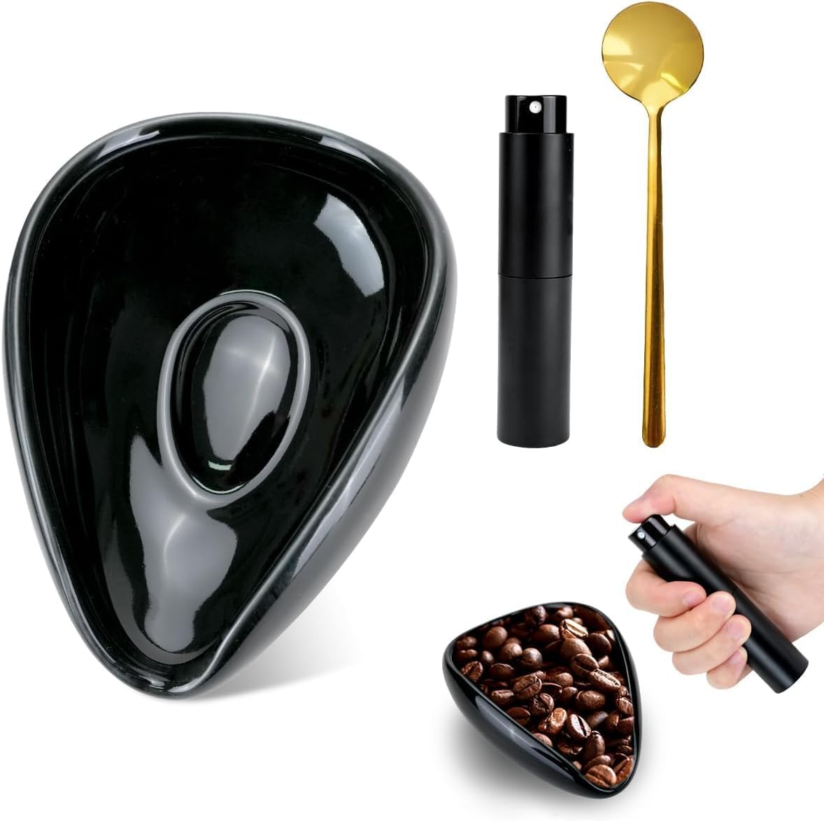 TNTAIAHL Coffee Bean Dosing Cup, Ceramic Measuring Cups and Spray Bottle Set for Espresso, Coffee Bean Container, Weigh Tray Is Coffee Bar Accessorie for Coffee Lovers (Black)