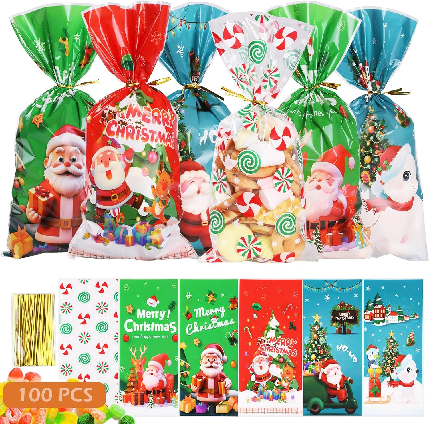 Geeric Xmas Candy Bags with Twist Tie - 100 PCS, 10 Different Designed Cellophane with Christmas Snowman, Tree, Santa Claus, Snowflake, Elk Print Pattern Cookie Bags