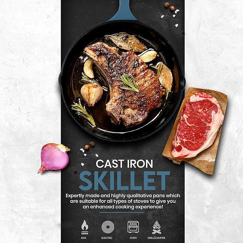 Utopia Kitchen Enameled Cast Iron Skillet Set 3-Piece - 6 Inch, 8 Inch and 10 Cookware Set- Pan for Outdoor Camping, Oven Use & Stovetop Teal UK0224