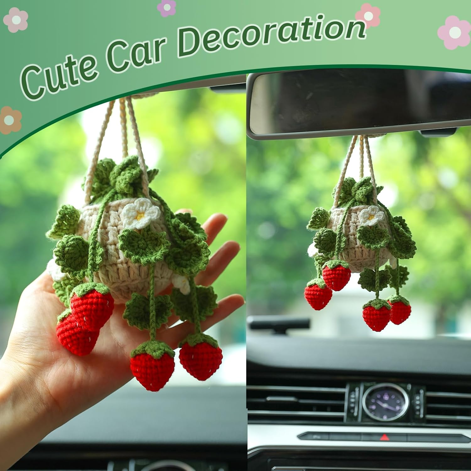 Crochet Hanging Plant for Car Decorations Interior,Cute Plant Strawberry Aesthetic Car Ornaments Charms Accessories for Rear View Mirror - Cutout Leaves image number 4