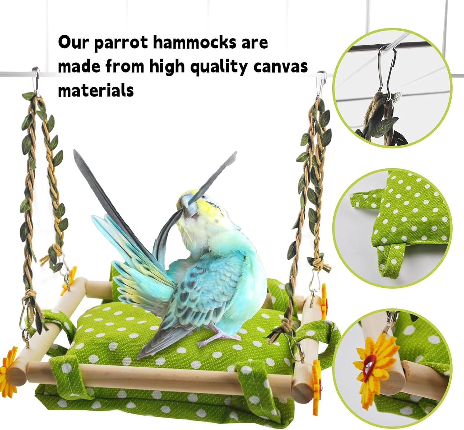 Cozioz Bird Climbing Hammock with Hanging Nest, Wooden Perch Swing & Bell Toy, Ideal Cage Accessories for Parrots, Parakeets, Cockatiels, Conures, and Cockatoos image number 2