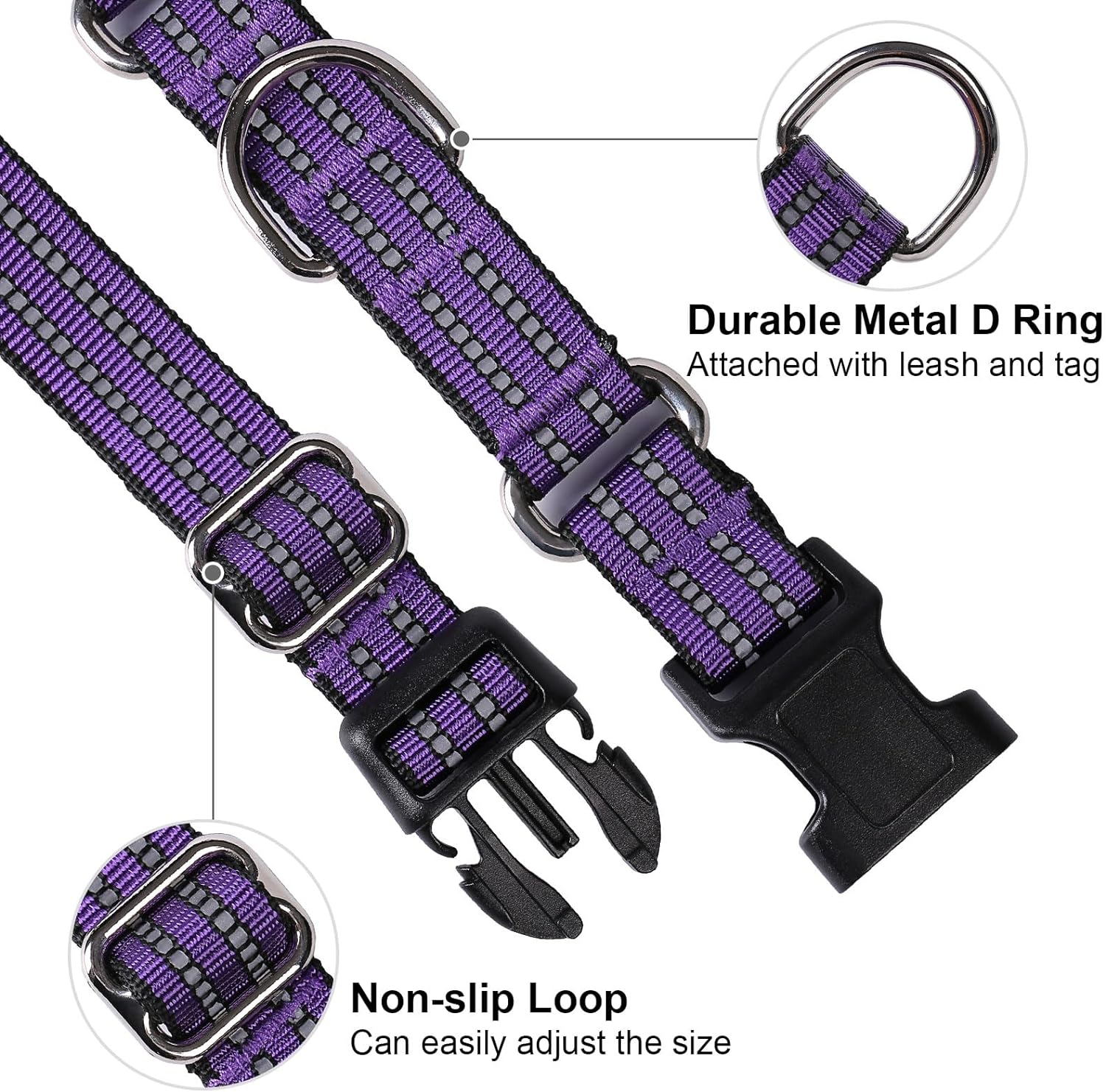 JOYEEIIOO Martingale Dog Collar, Adjustable Nylon Reflective Collar with Buckle. No Pull -For Small, Medium, Large Dogs. Prevents Slipping Out-Helps with Strong Pullers-Increase Control (Purple M) image number 3