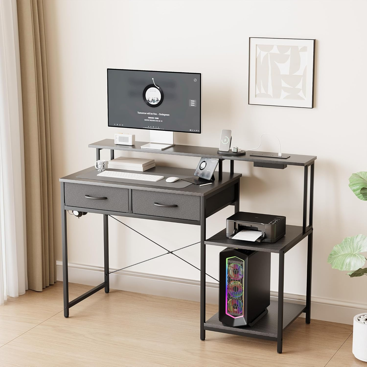 Advwin 120Cm Gaming Desk with LED Lights & Power Outlets Reversible Printer Storage Shelf Computer Desk with Drawers & Headphone Hook Black - Black image number 4