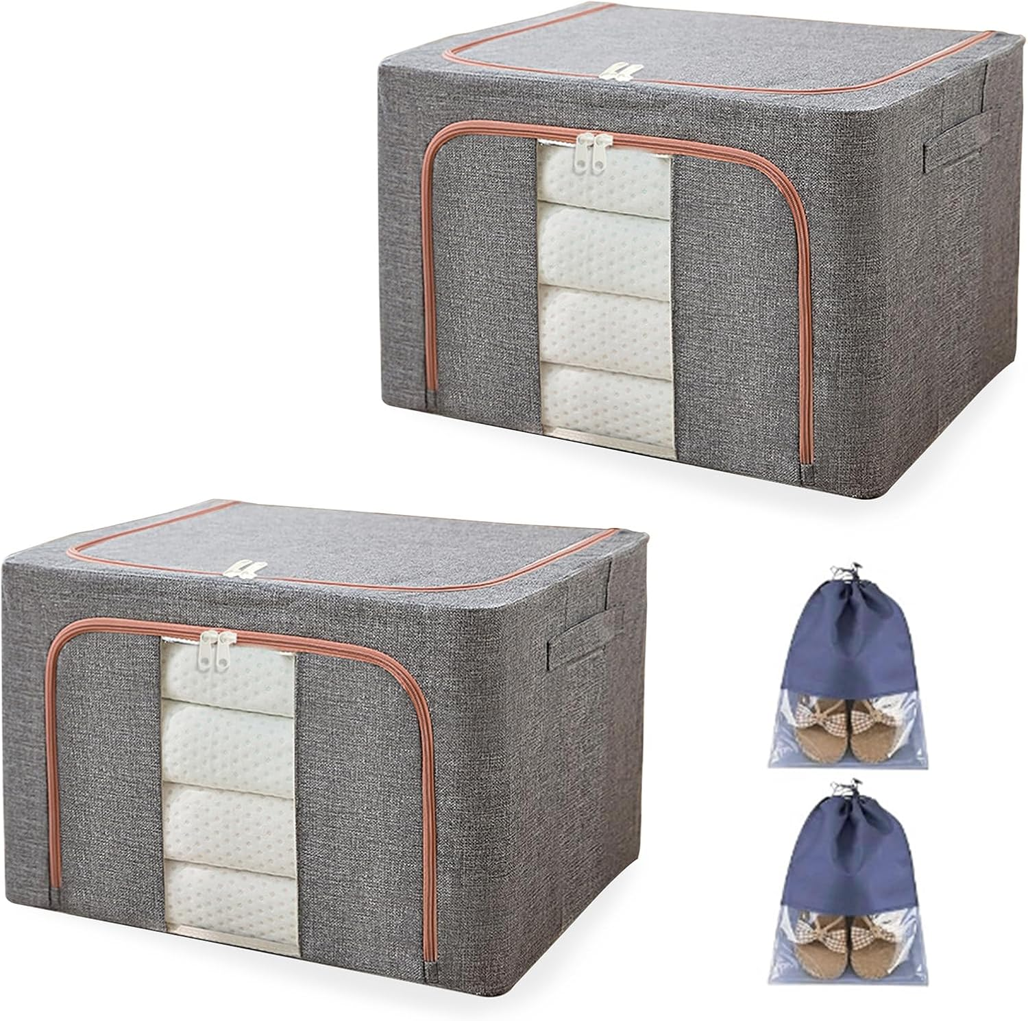 2 Pack Clothes Storage Box with Zipper, 66L Foldable Linen Container with Handles Large Capacity Storage Organizer (Grey 66L) image number 3