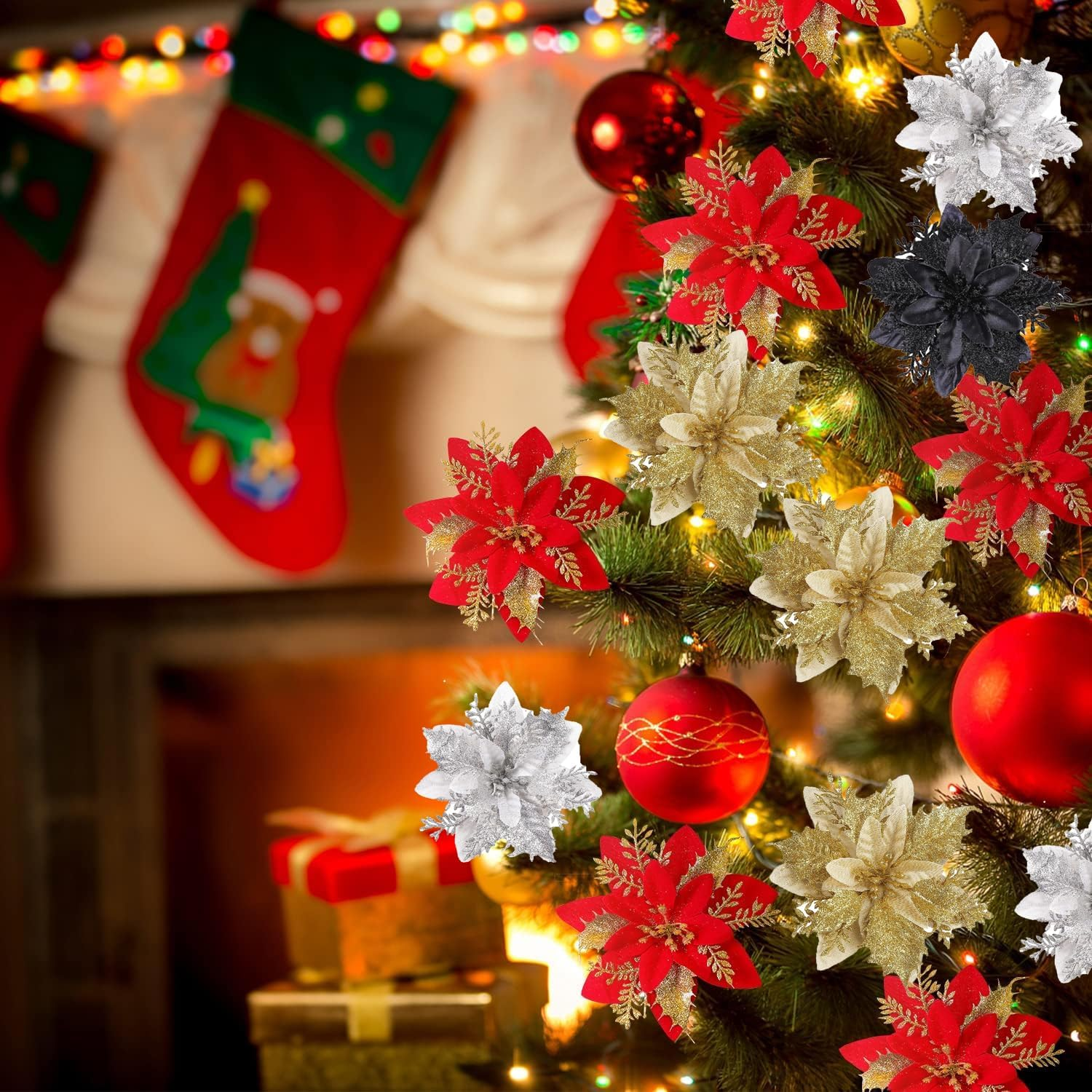 Christmas Tree Decorations,10Pcs 14Cm / 5.5In Gold Poinsettia Artificial Christmas Flowers with Clips and Stems Glitter Christmas Tree Ornaments for Xmas Wedding Party Wreath Decorate image number 4