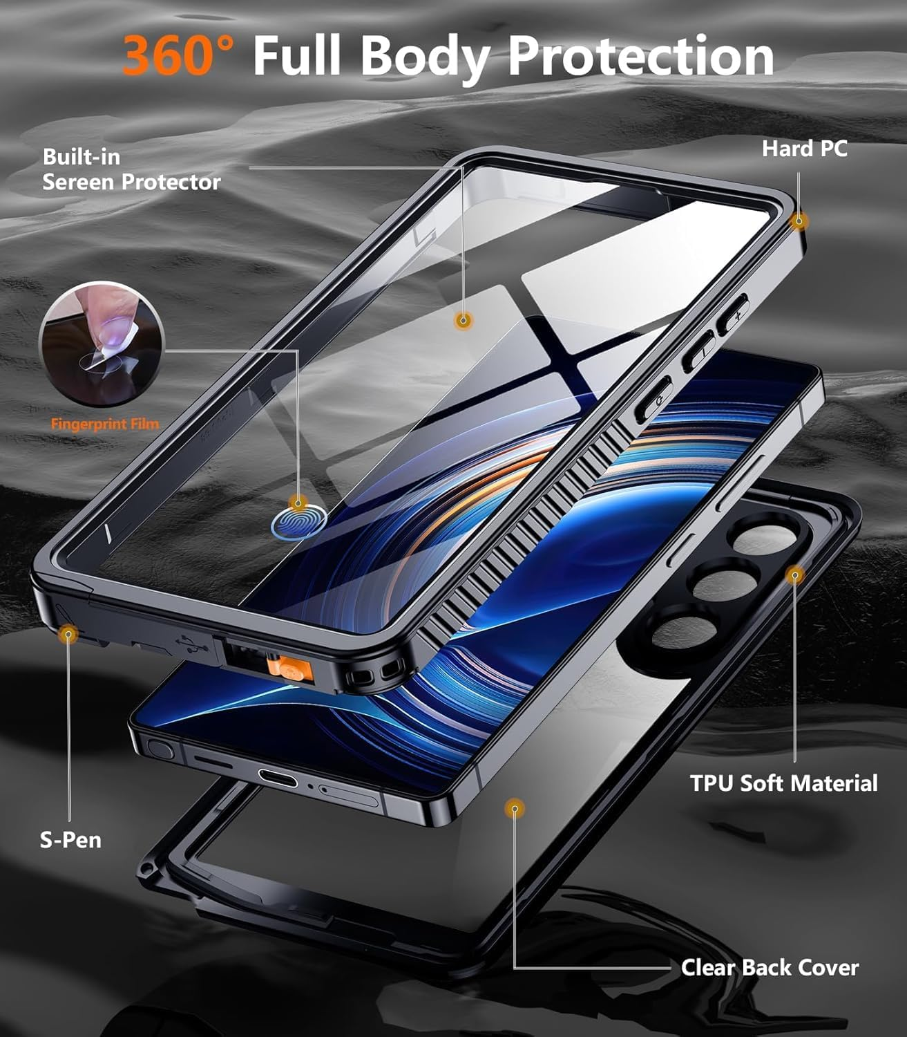 Designed for Samsung Galaxy S25 Ultra Case Waterproof, Built-In Lens & Screen Protector Military Grade Shockproof Dropproof IP68 Underwater Full Body Phone Case for Galaxy S25 Ultra 6.9"-Black 1Pcs image number 4