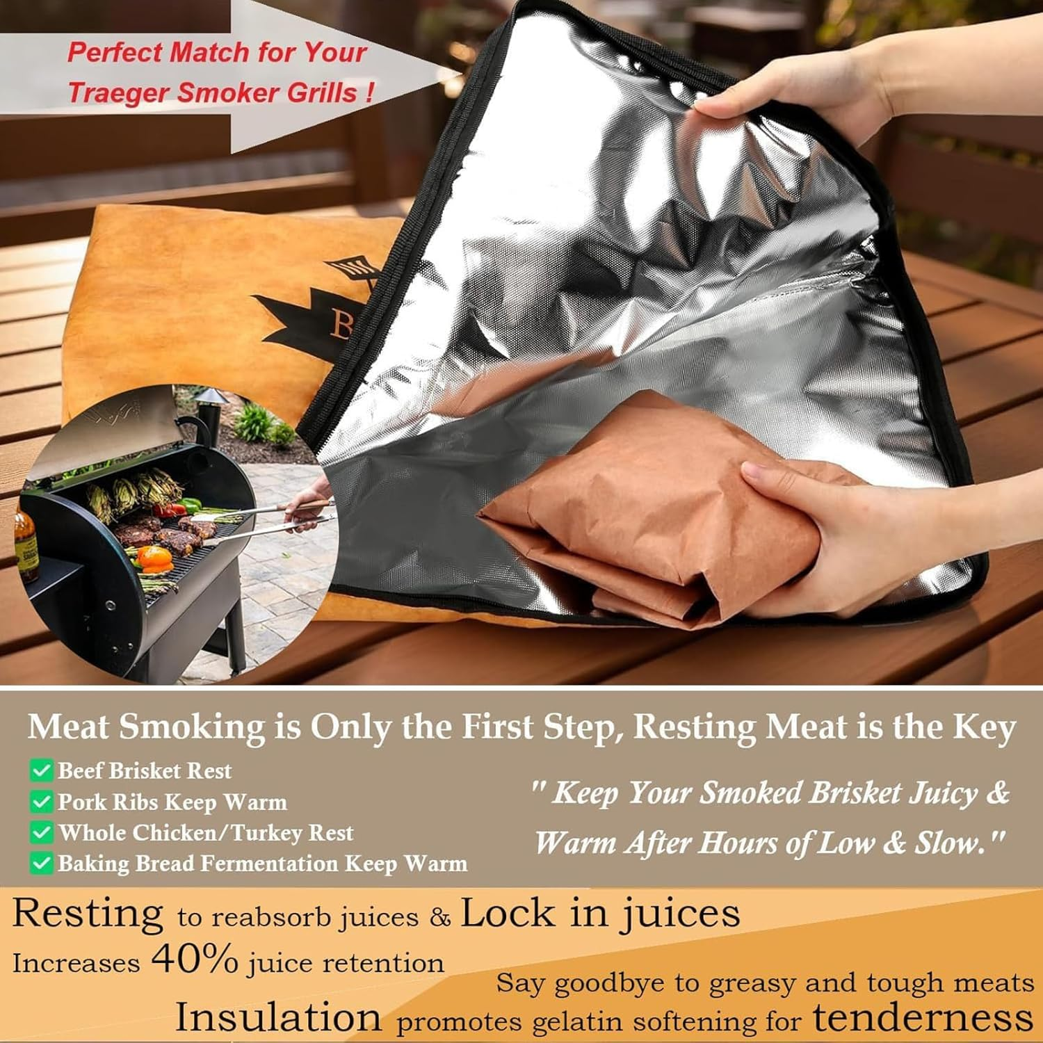 BBQ Blanket for Resting Meat Compatible with Traeger Smoker Grill, Reusable Pellet Smoker Meat Insulated Resting Bag with Wide Mouth for Large Brisket/Beef,Gifts for Men Him Dad,Traeger Accessories image number 5
