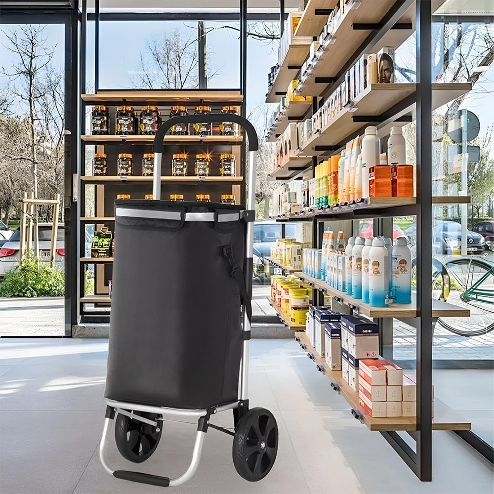 Foldable Shopping Cart ，With Wheeled Handcart, Waterproof, Lightweight and Multifunctional, 45L Folding Grocery Bag Basket, Aluminum Shopping Cart (Black) image number 5