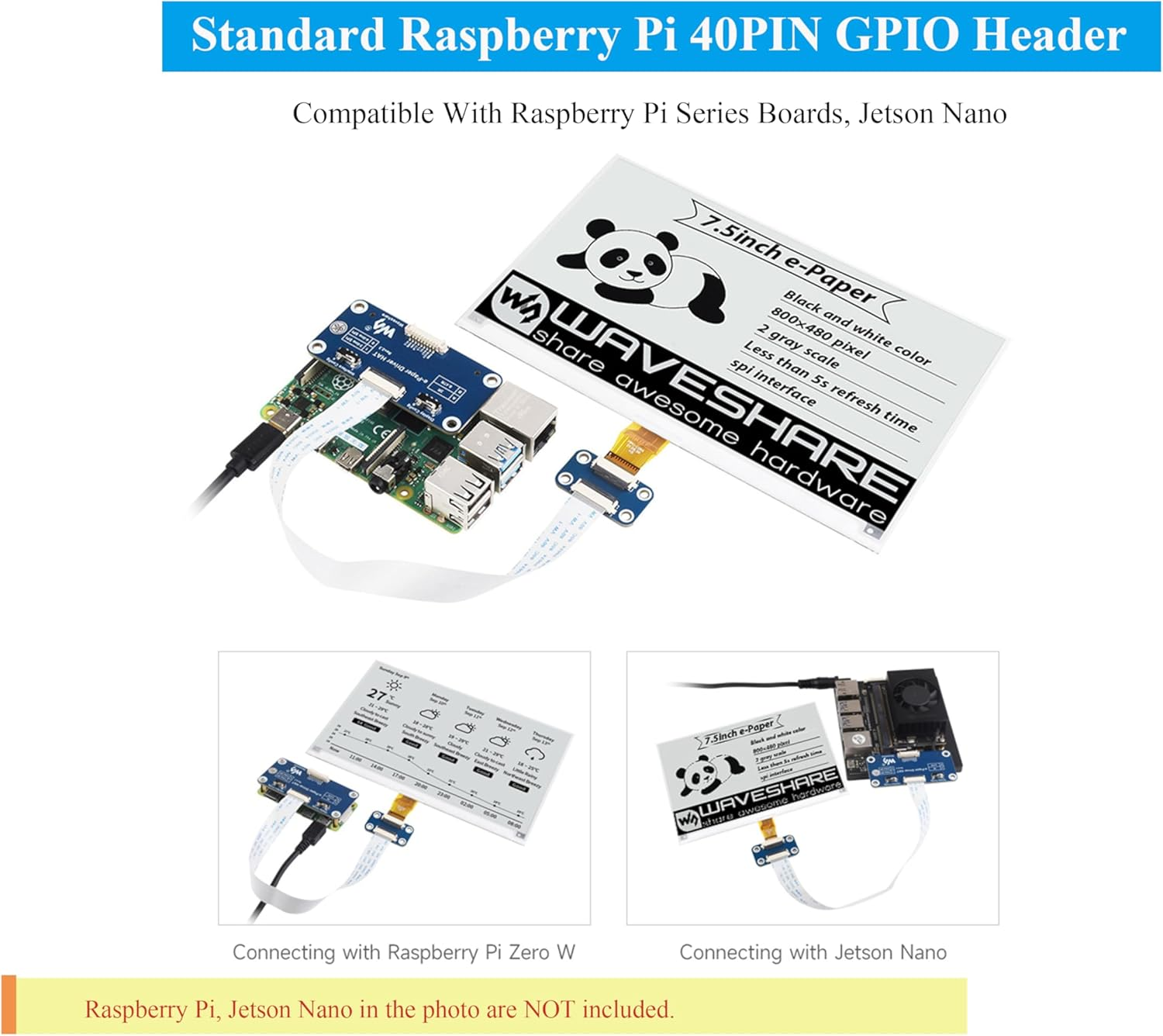 7.5Inch E-Ink Display HAT Compatible with Rpi 5/4B/3B+/Zero/Zero W/Zero 2W/Pico/Pico W/Pico 2/Pico 2W/Jetson Nano, 7.5" E-Paper HAT 800&times;480 Resolution SPI Interface, Black White Two-Color image number 3