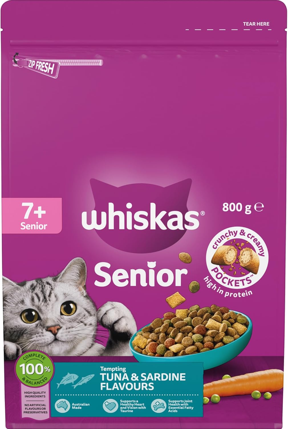 Whiskas Tuna and Sardine Adult 7+ Dry Cat Food 800 G Bag, 6 Pack image number 3