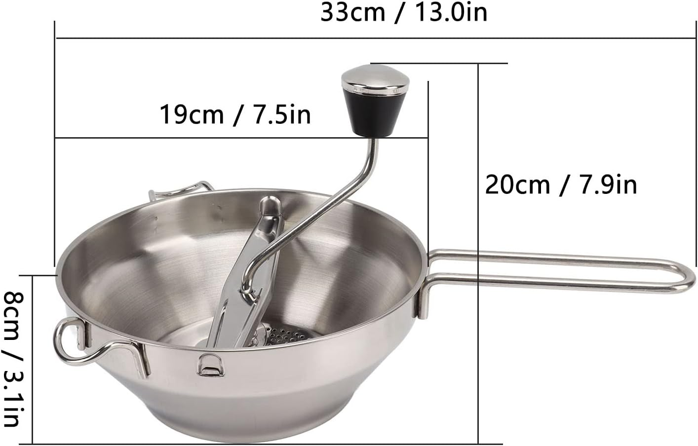 Stainless Steel Food Masher, Easy Cleanup 2 Quart Manual Baby Food Mill for Making Puree and Soups with 3 Interchangeable Discs for Straining Fruits and Vegetables image number 3