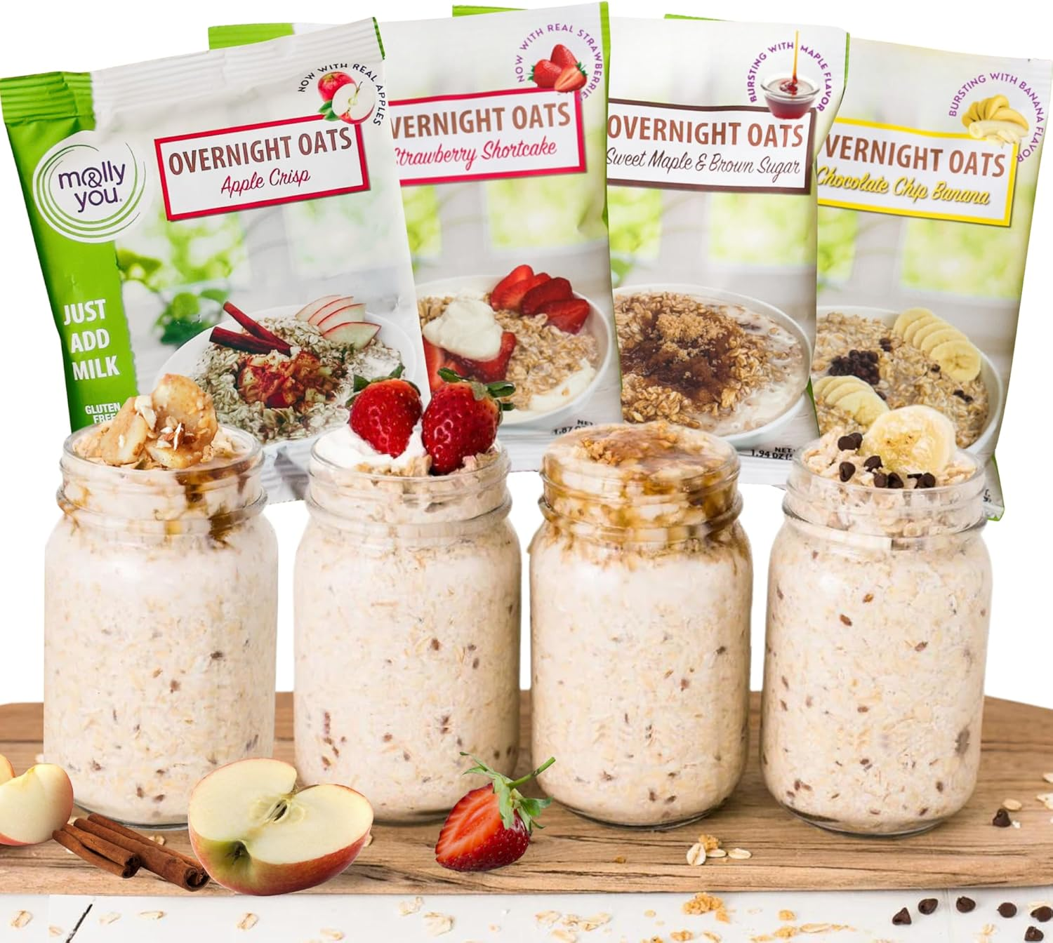 Molly & You Variety Overnight Oats - Apple Crisp, Strawberry Shortcake, Chocolate Chip Banana, Sweet Maple & Brown Sugar (Pack of 6) - Healthy Natural Source of Protein Oatmeal Breakfast, a Vegan image number 4