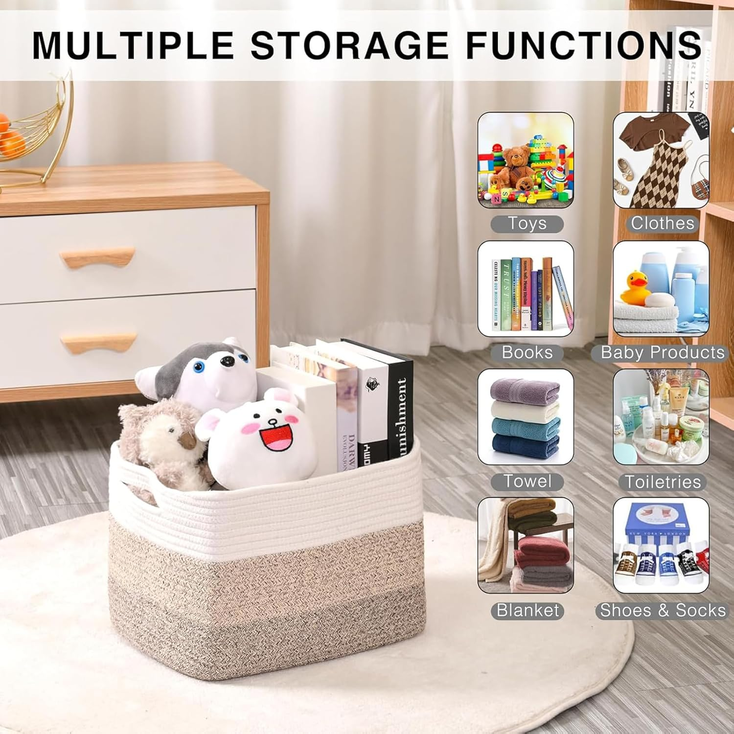 3Pack Storage Basket for Organizing, Woven Baskets for Storage, Cotton Rope Basket for Toys,Towel Baskets for Bathroom, Gradient Yellow 38*25*23Cm image number 4