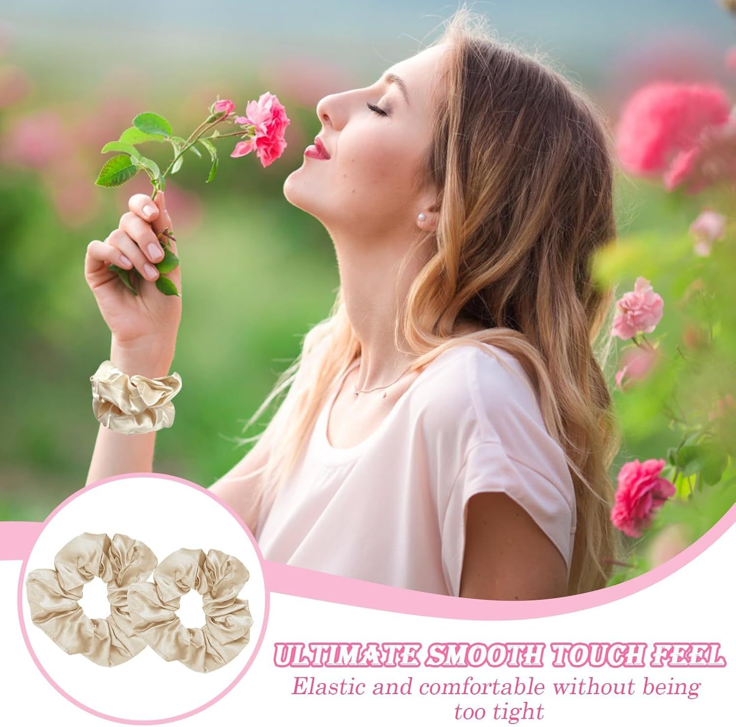 12 Pack Satin Scrunchies for Women - Soft Hair Ties, No-Damage Ponytail Holders with Elastic Band - Gentle Hair Accessories for Thick/Thin/Curly Hair (6 Colors, 2 Sizes per Set) image number 6