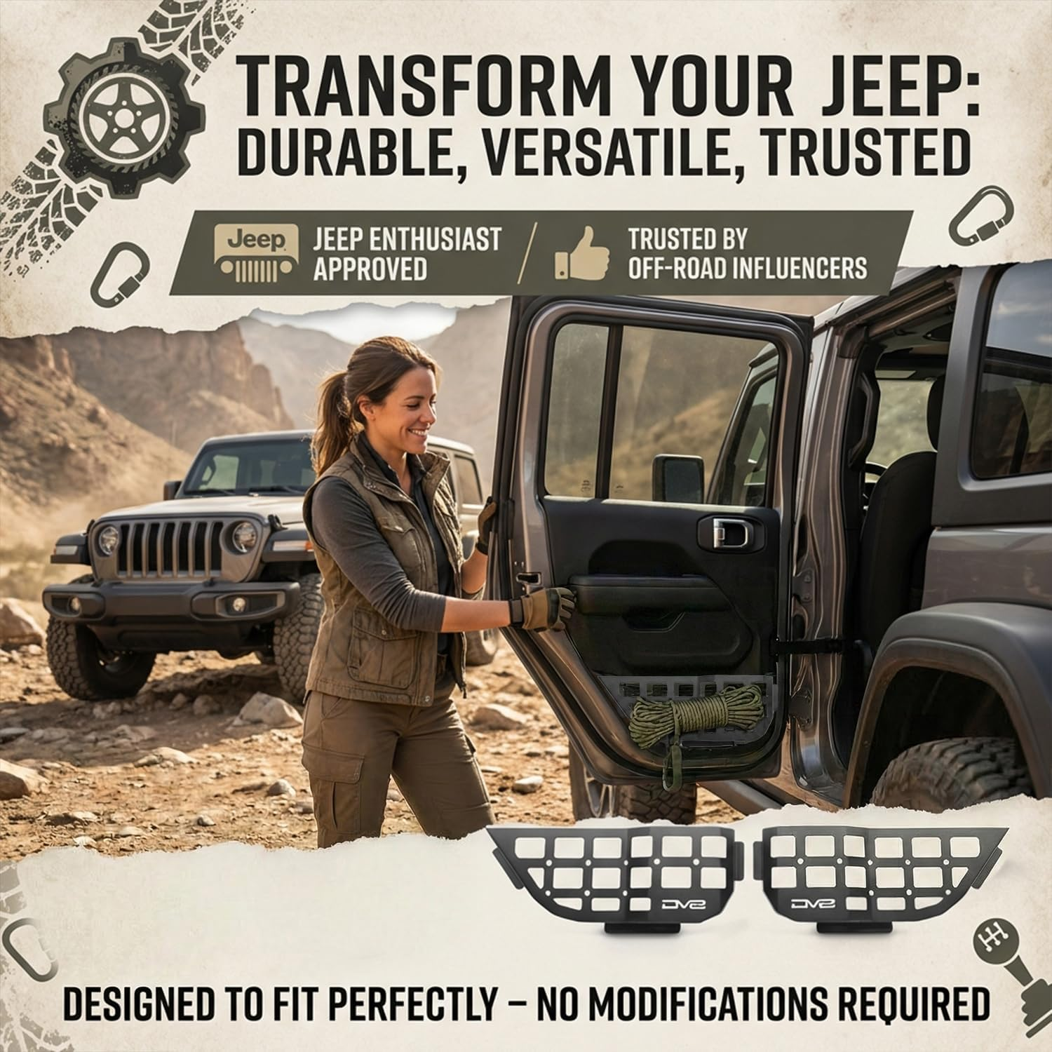 DV8 Offroad Rear Door Pocket Molle Panels for the 2018-2023 Jeep Wrangler JL & 2020-2023 Jeep Gladiator JT | Molle Design Allows for Multiple Gear Mounting Solutions, Black, MPJL-06