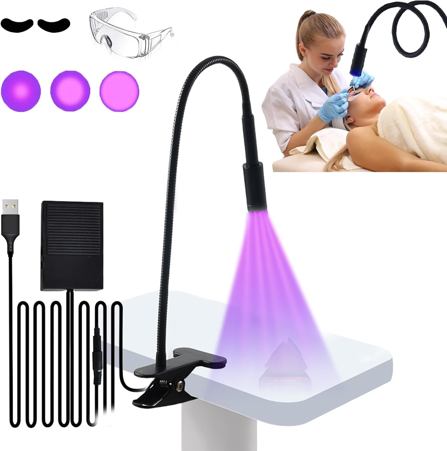 Uv Light UV Eyelash Extension Lamp 5W Flexible Gooseneck UV Nail Lamp 395 to 400Nm USB Charging UV Lash Light with Adjustable Spot Size UV Gel Curing Lamp with Clamp & Foot Pedal Switch image number 1