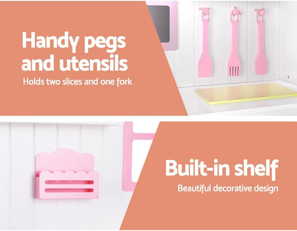 Keezi Kids Kitchen Set 12 in 1 Pretend Play Food Playset Wooden Toys Mud Kitchens Children Cooking Cookware Sets Toy Home Cubby House Furniture for Boys Girls, Ample Storage Space Pink White image number 2