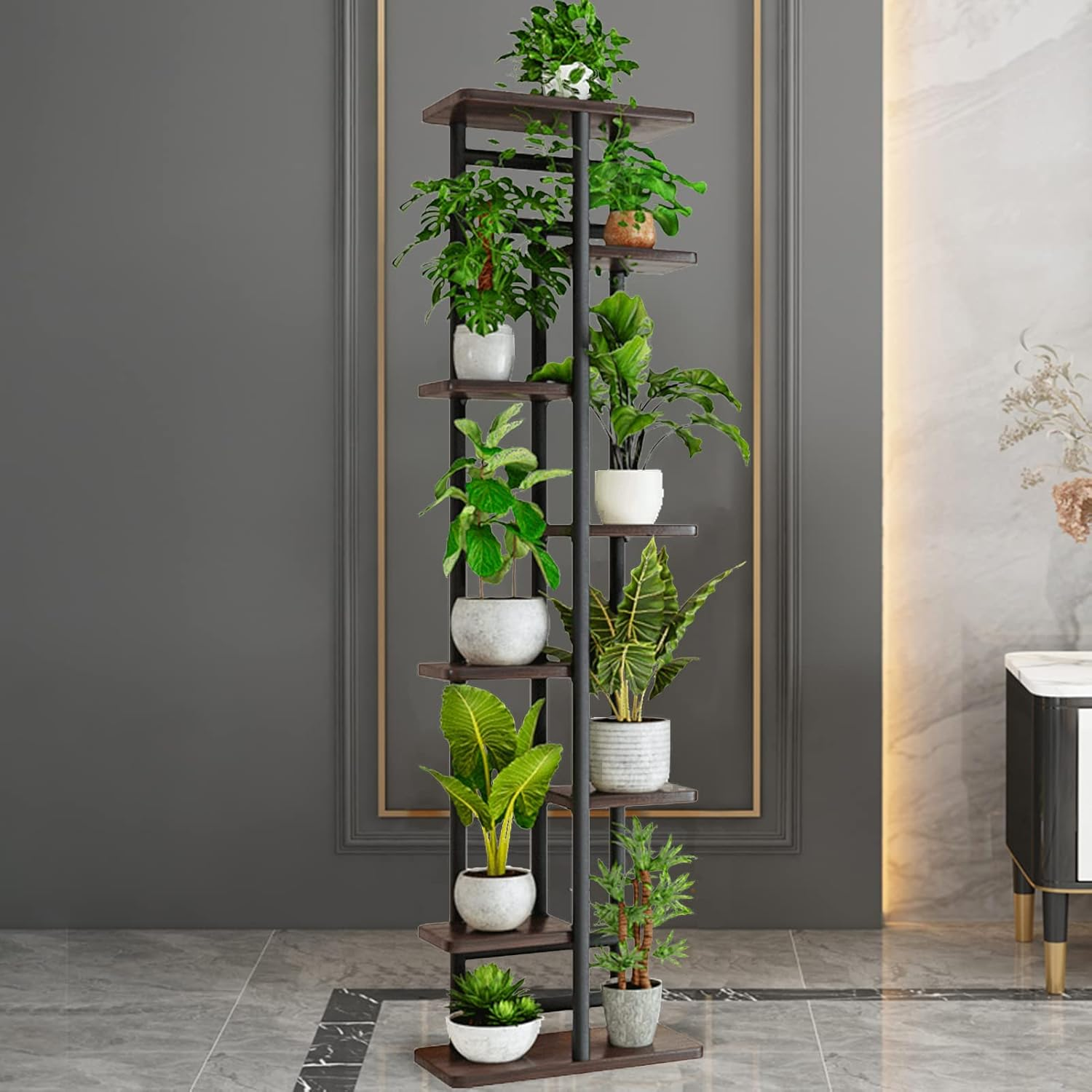 YOCOMEY Wood 8 Tier 9 Potted Tall Plant Stand Metal Rack, Multiple Flower Pot Holder Shelves Rack, Planter Shelf Display Rack Storage Organizer for Balcony Garden Indoor Outdoor Corner(Black) - White image number 2