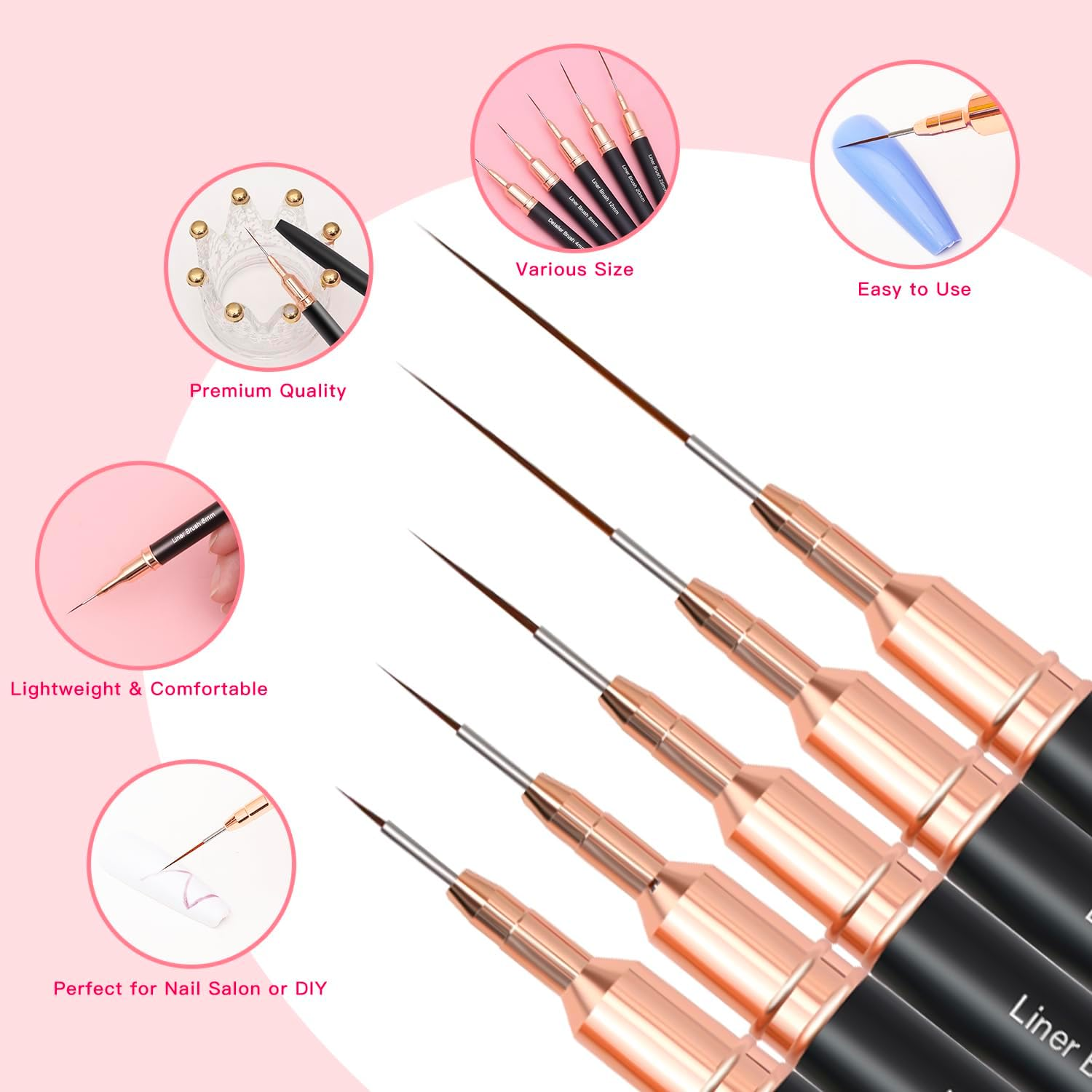 Lerpdaoo Nail Art Liner Brushes, 5-Piece Painting Nail Art Brush Set, Nail Dotting Drawing Tool for Long Lines, Thin Details, Fine Drawing Sizes 4/8/12/20/25 Mm (Black) image number 1