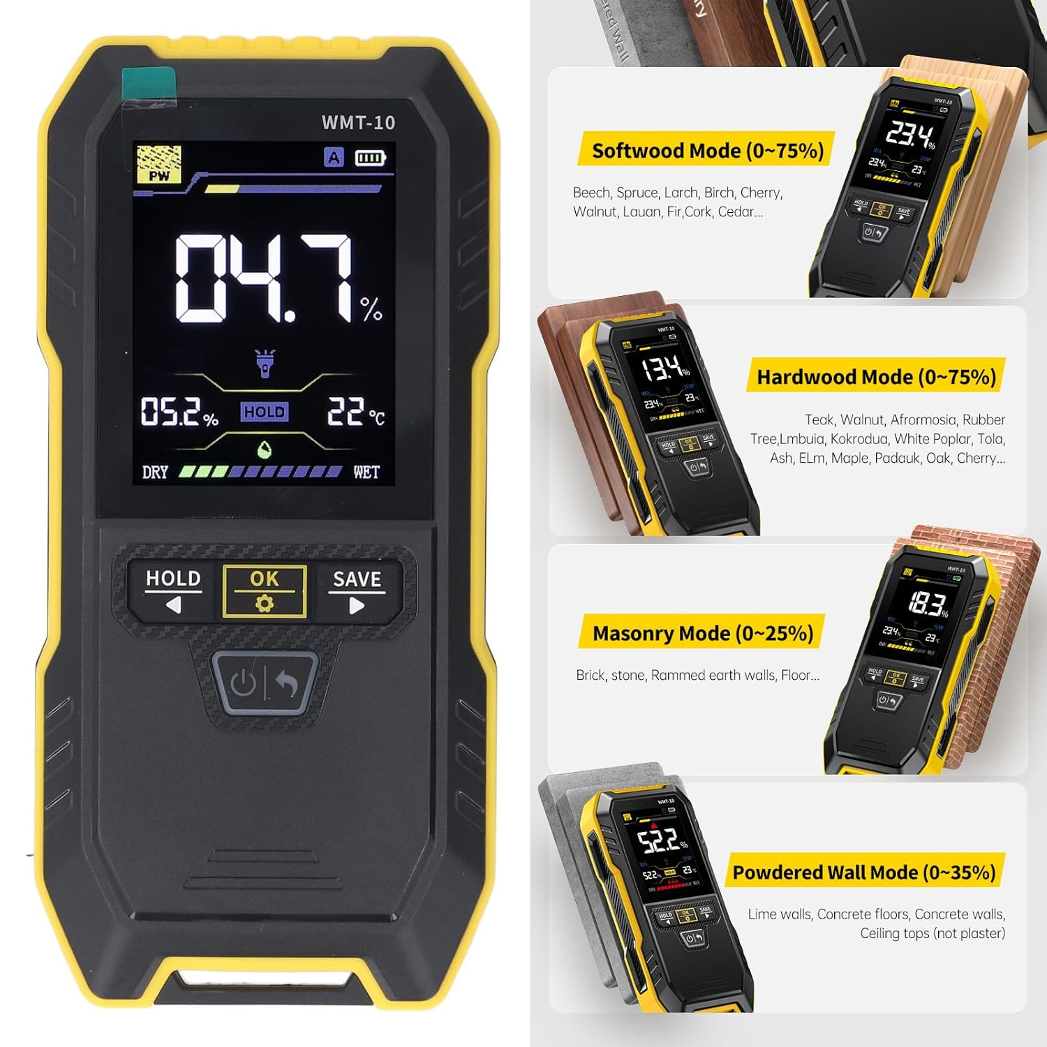 Wood Humidity Meter High Accuracy 2.4 Inch Color Screen Pinless Non Destructive Wall Humidity Tester for Wall Softwood Hardwood image number 2
