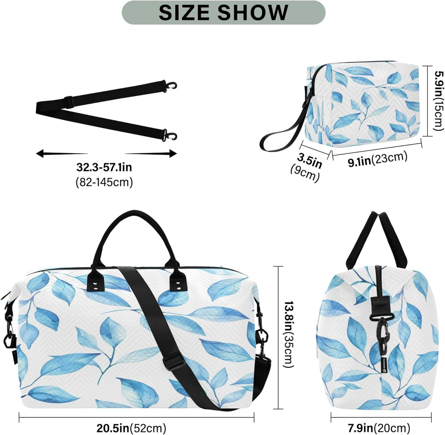 Overnight Travel Duffel Bag Travel Tote Gym Bag Carry on Tote Bag with Toiletry Bag for Gym Waterproof Watercolor Light Blue Leaves, Multi, 1 Size, Modern/Fitted, Multi, 1 Size, Modern/Fitted image number 6