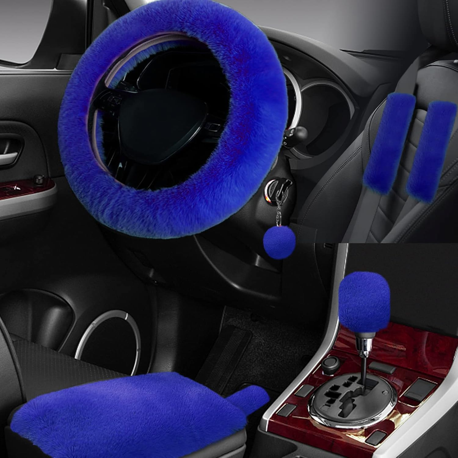 Wazzh 7PCS Set Car Interior Aesthetic Accessories, Fluffy 15 Inch Steering Wheel Cover, Armrest Pad, Seat Belt Cover,Gear Shift Cover, Fit Girly Car Accessories for Women.