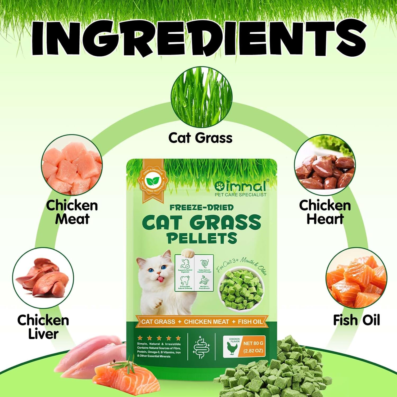 Freeze-Dried Cat Grass Pellets | Cat Grass + Chicken Meat + Fish Oil | Tasty Chew Treats for Cats 3+ Months | Supports Digestive Comfort & Chewing | 80G image number 1
