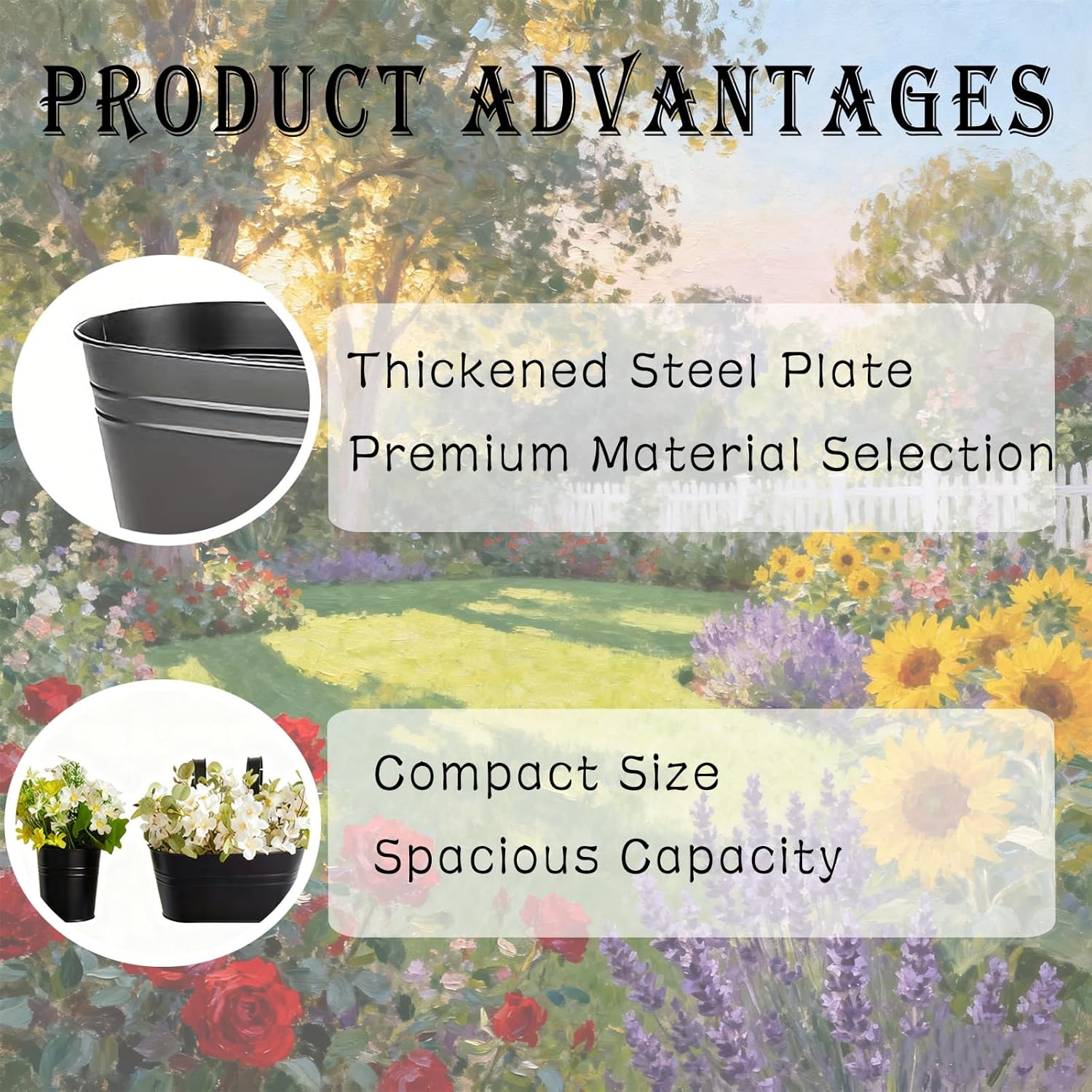 10.5 Inch Rust-Resistant Iron Suspended Planters with Railing Mount for Rustic Style Window Plant Holder Featuring Detachable Hooks, Easy to Install for Patio and Garden, 10.5 Inch, Black, 5 Pack