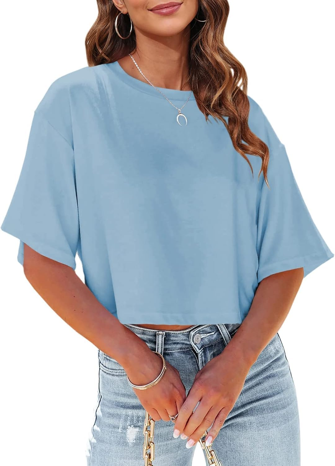 Fisoew Women Half Sleeve Cropped T-Shirts Drop Shoulder round Neck Crop Tops Casual Summer Solid Color Basic Tees