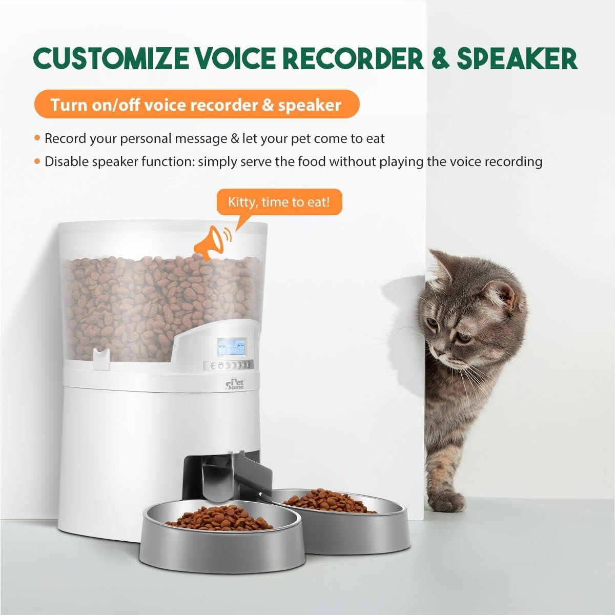 Pet Scene Automatic Cat Feeder 7L Auto Pet Feeder Dog Food Dispenser Voice Recorder with 2 Bowls LCD Screen,6 Meal/Day image number 6