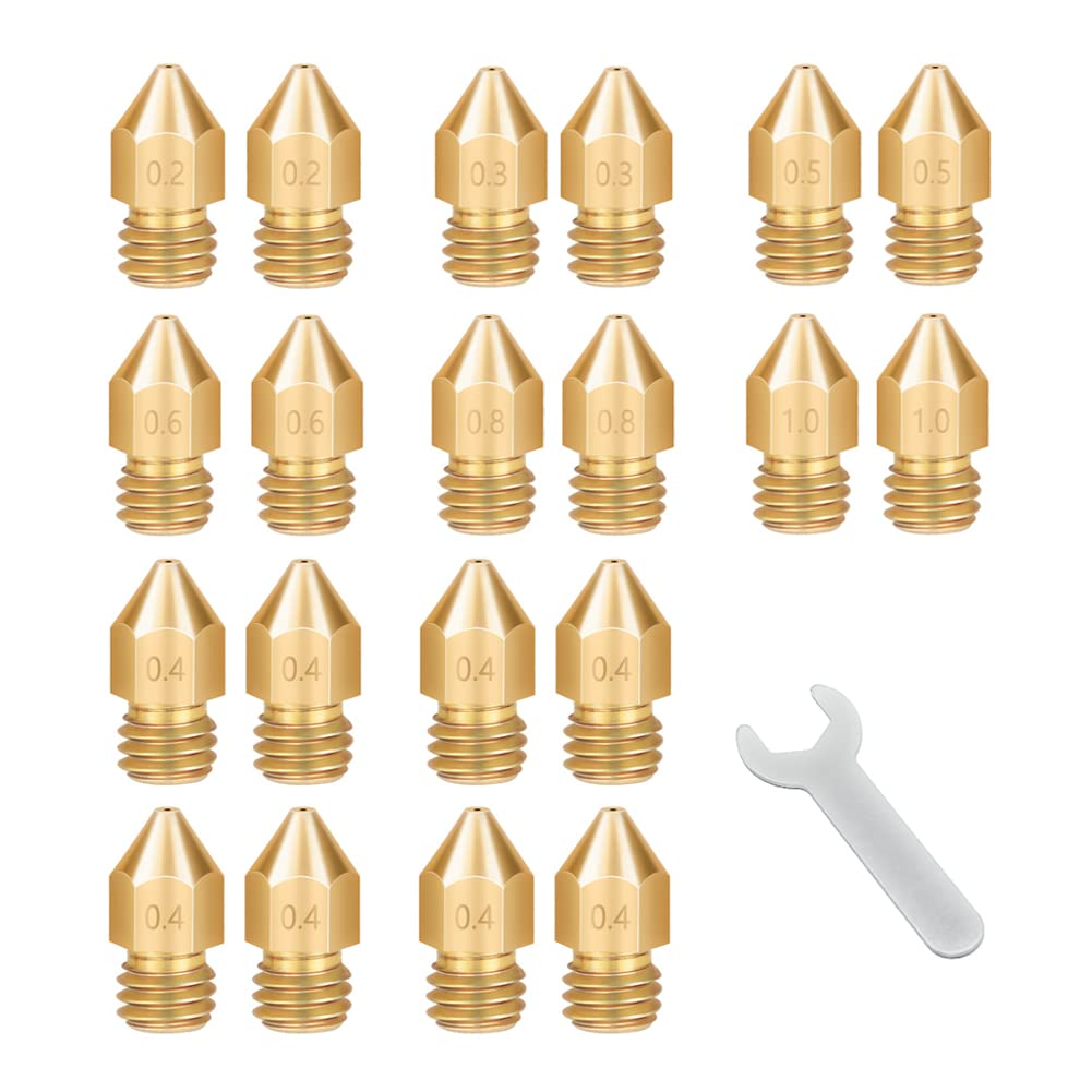 Lokkr 3D Printer Brass Extruder Nozzles Set, 20PCS Brass MK8 Nozzles (0.2Mmx2 0.3Mmx2 0.4Mmx8 0.5Mmx2 0.6Mmx2 0.8Mmx2 1Mmx2) with Wrench for Makerbot, E3D, Creality Cr-10/Ender 3/3 V2/3 S1/5, Prusa I3 image number 2