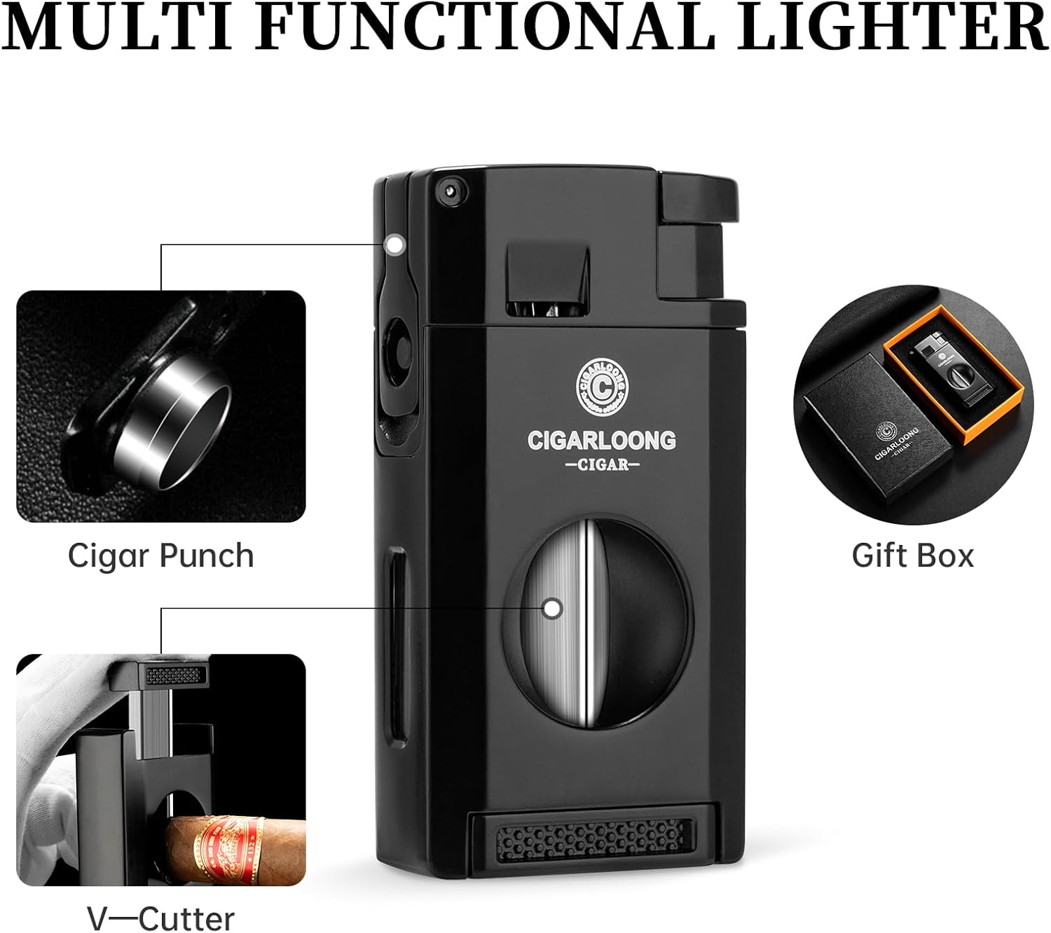 Cigar Lighter with Twin Jet Flame, Storm Lighter, Refillable Gas, Lighter with Cigar Punch and Cigar Holder & V Cut Cigar Cutter, Gift Box, without Gas(Black) image number 5