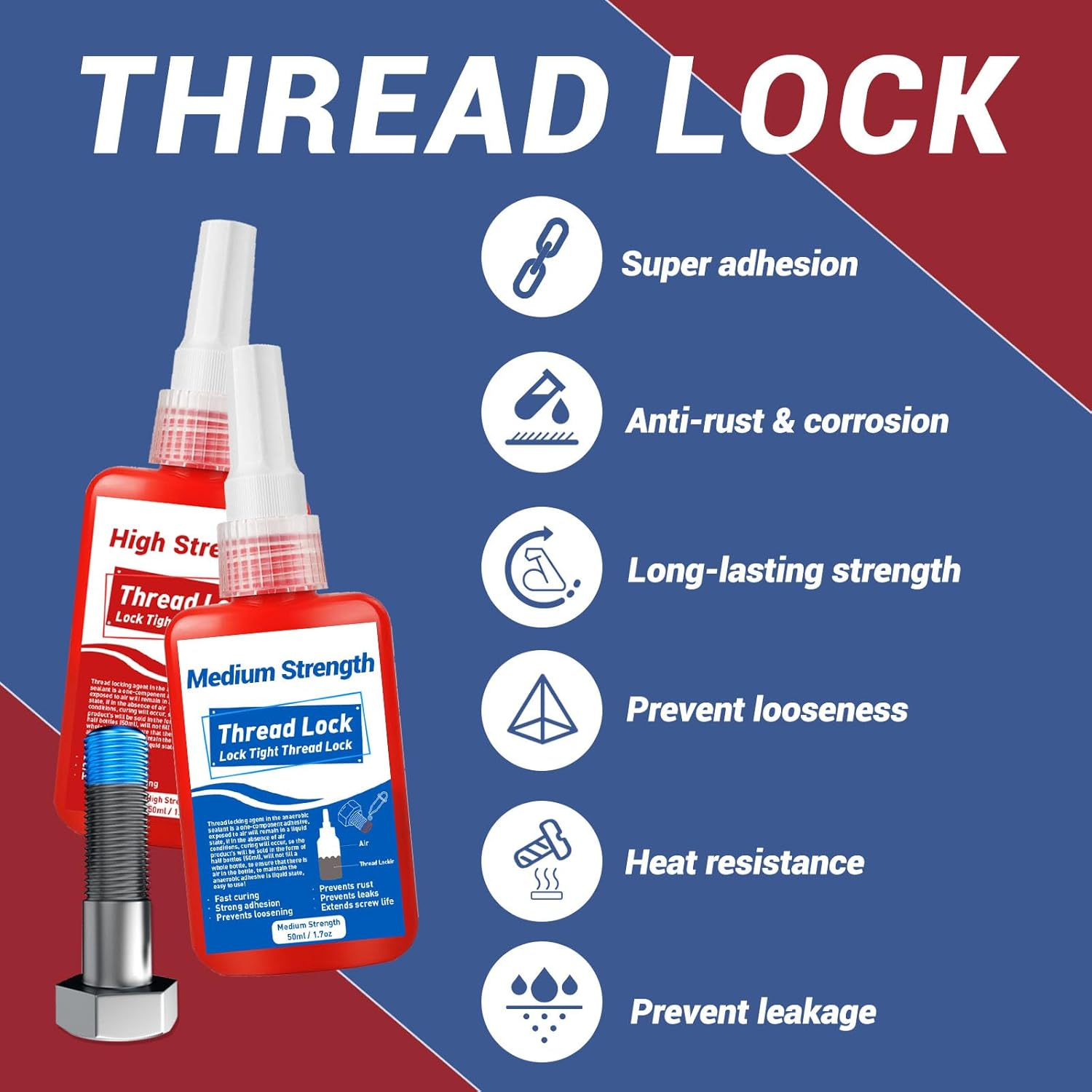 1DFAUL Thread Lock, 50Ml X2 Locktight Threadlock Medium and High Strength Lock, Threadlocker Lock & Seal Nuts, Bolts, Stable and Anti-Rust image number 3