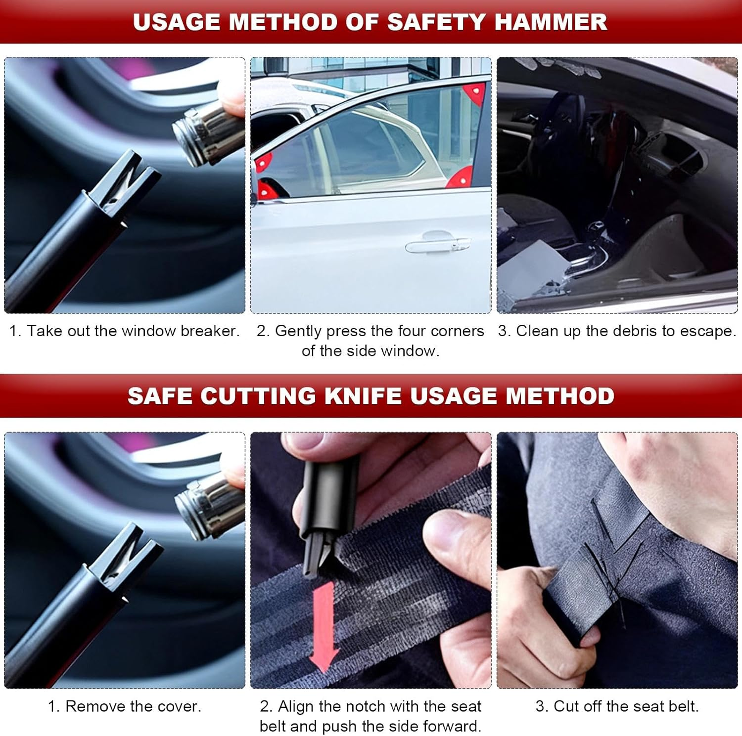 Safe Hero Life Hammer, 2 Pack 2-In-1 Car Window Breaker with Holder, Testing Glass & Survival Whistle, Life Hammer with Seatbelt Cutter for Car Safety, Red and Black image number 5