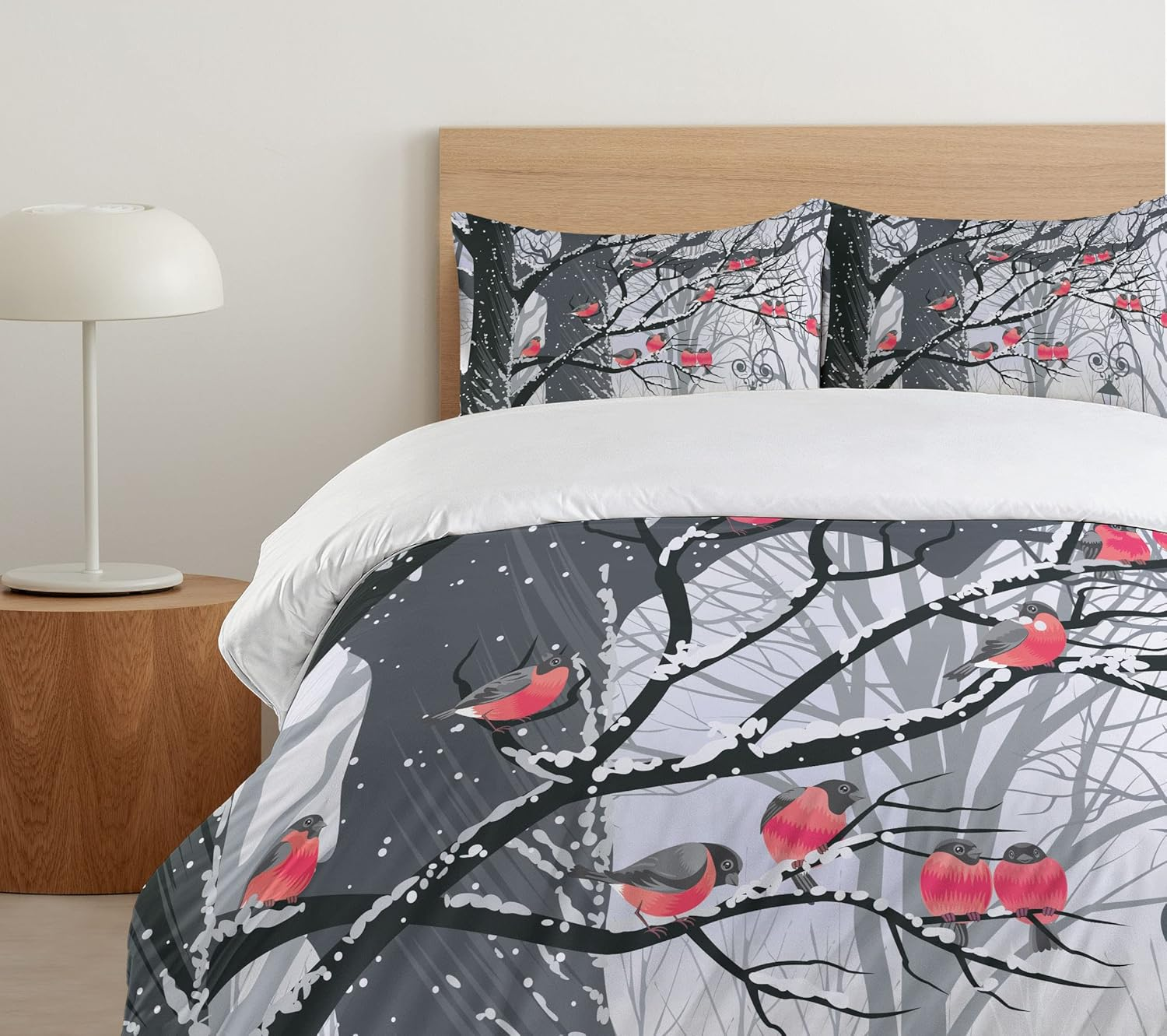 Winter Duvet Cover Set King Size by Ambesonne Cute Bullfinches on Trees Winter City Park Snow Cold Weather Immigrant Birds Design Decorative 3 Piece Bedding Set with 2 Pillow Shams Grey Coral image number 3