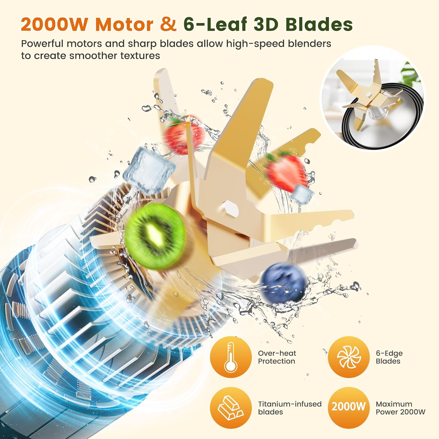 Keenray Personal Blender, Smoothie Maker, 2000W High Speed Electric Blender, Food Processor with 1.8L Glass Jug, 6-Leaf Stainless Steel Blades, BPA Free Countertop Blenders for Ice Crush image number 4