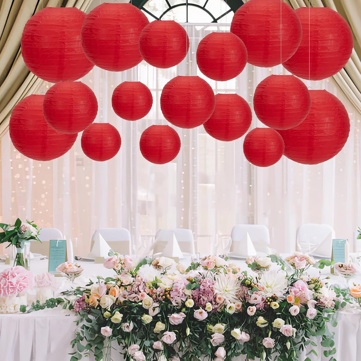 16 Packs Paper round Lanterns Party Hanging Lanterns with Assorted Sizes for Wedding Party Anniversary Decorations (Red) image number 2