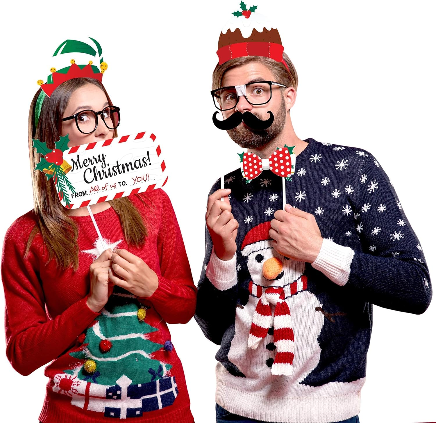 Christmas Photo Booth Props 38Pcs, Xmas Games for Party Supplies, Picture Backdrop Decorations Set Party Favors, Games for Kids & Adults, Funny Selfie Pose Sign Holiday Photo for Photography