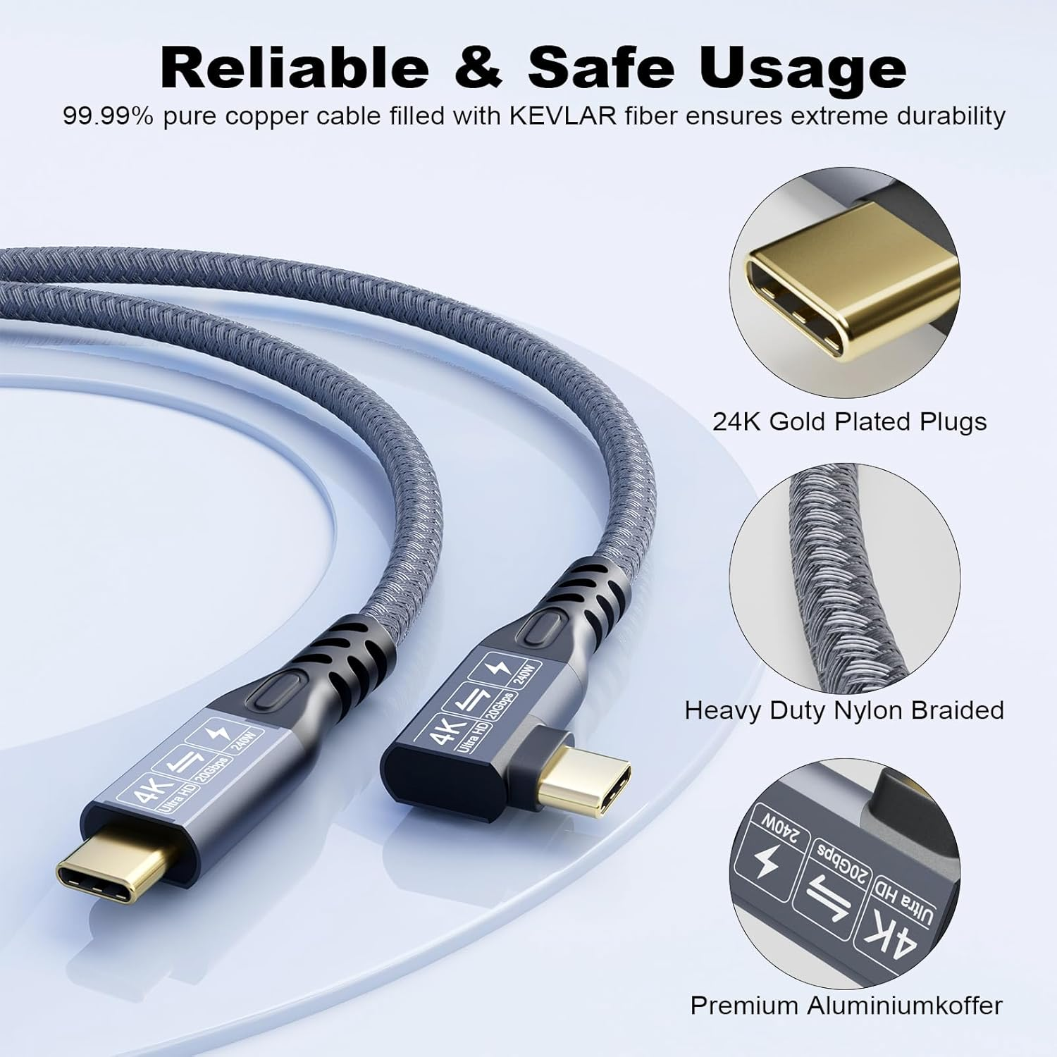 CABLEDECONN USB C 3.2 Gen-2 240W Extension Curved 1M 3.3FT Cable Data Transmission 20Gbps 48V/5A Charging Cable Type-C 4K Video Output Compatible with Thunderbolt 3 USB-C Computer image number 5
