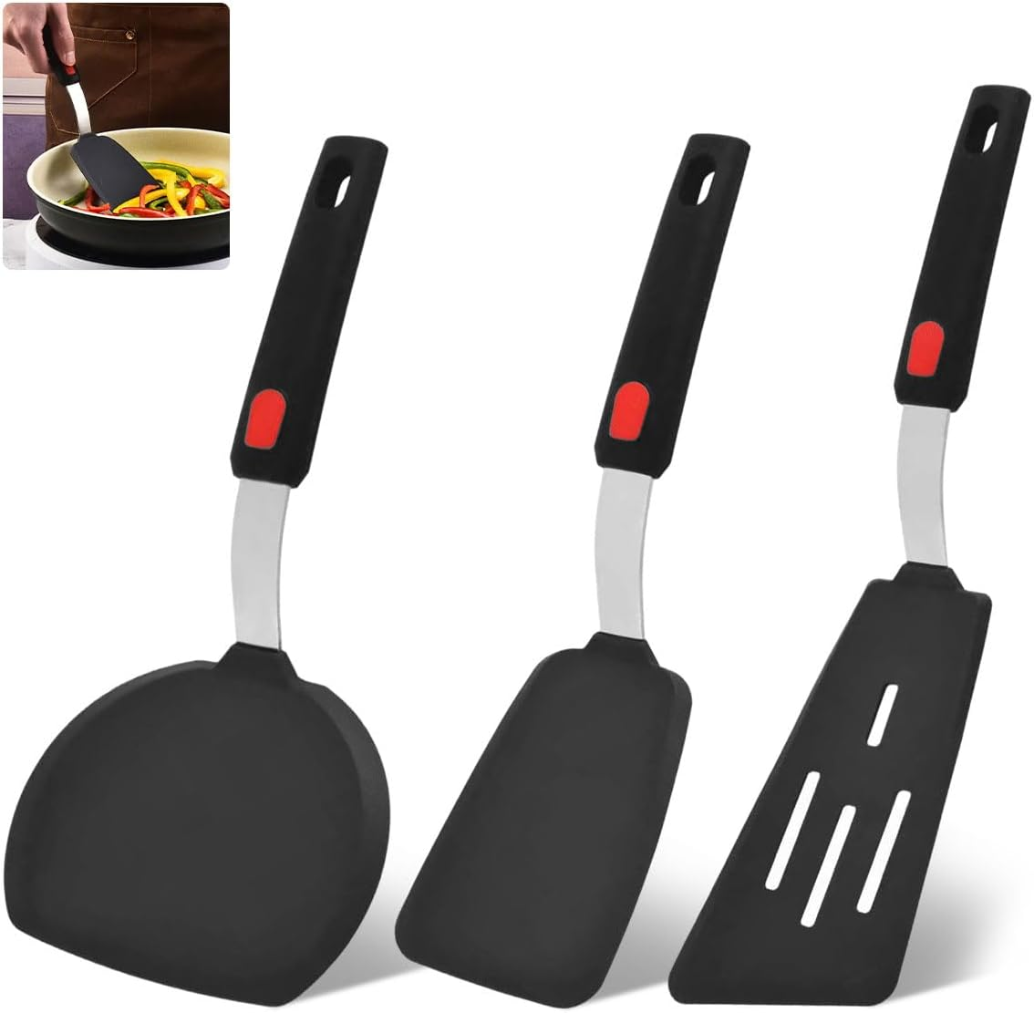 Large Silicone Spatula Turner Set of 3,Silicone Turner Spatula,Silicone Spatula for Cooking,Non-Stick,Heat Resistant, Easy to Clean, BPA Free Rubber Spatula for Egg, Pancake, Fish, Burger (Black) image number 2