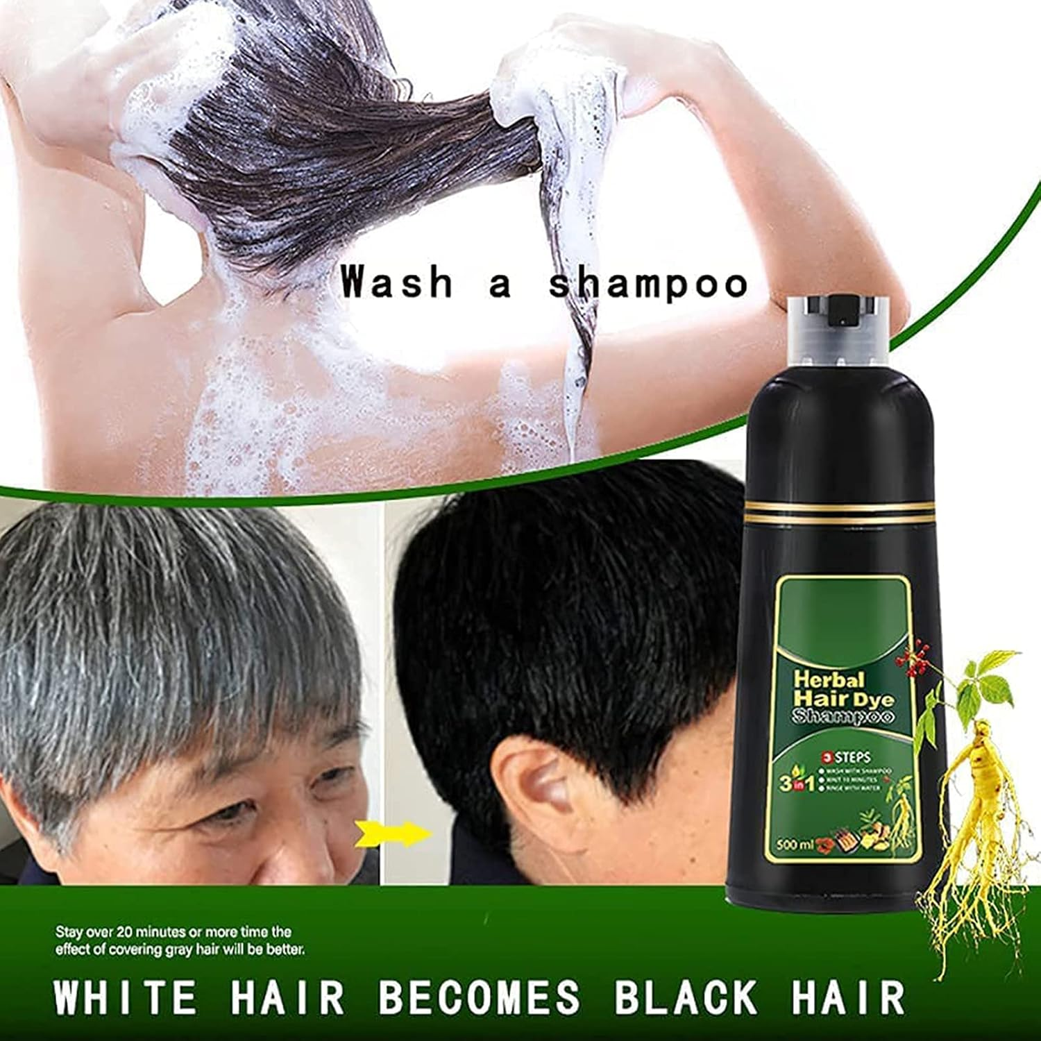 10 Mins Herbal Hair Darkening Shampoo, 500Ml Natural Herbal Hair Dye Shampoo 3 in 1, Multi-Color Hair Dye for Men and Women, Instant Shine Cares for Your Hair (Black) - Chestnut image number 3