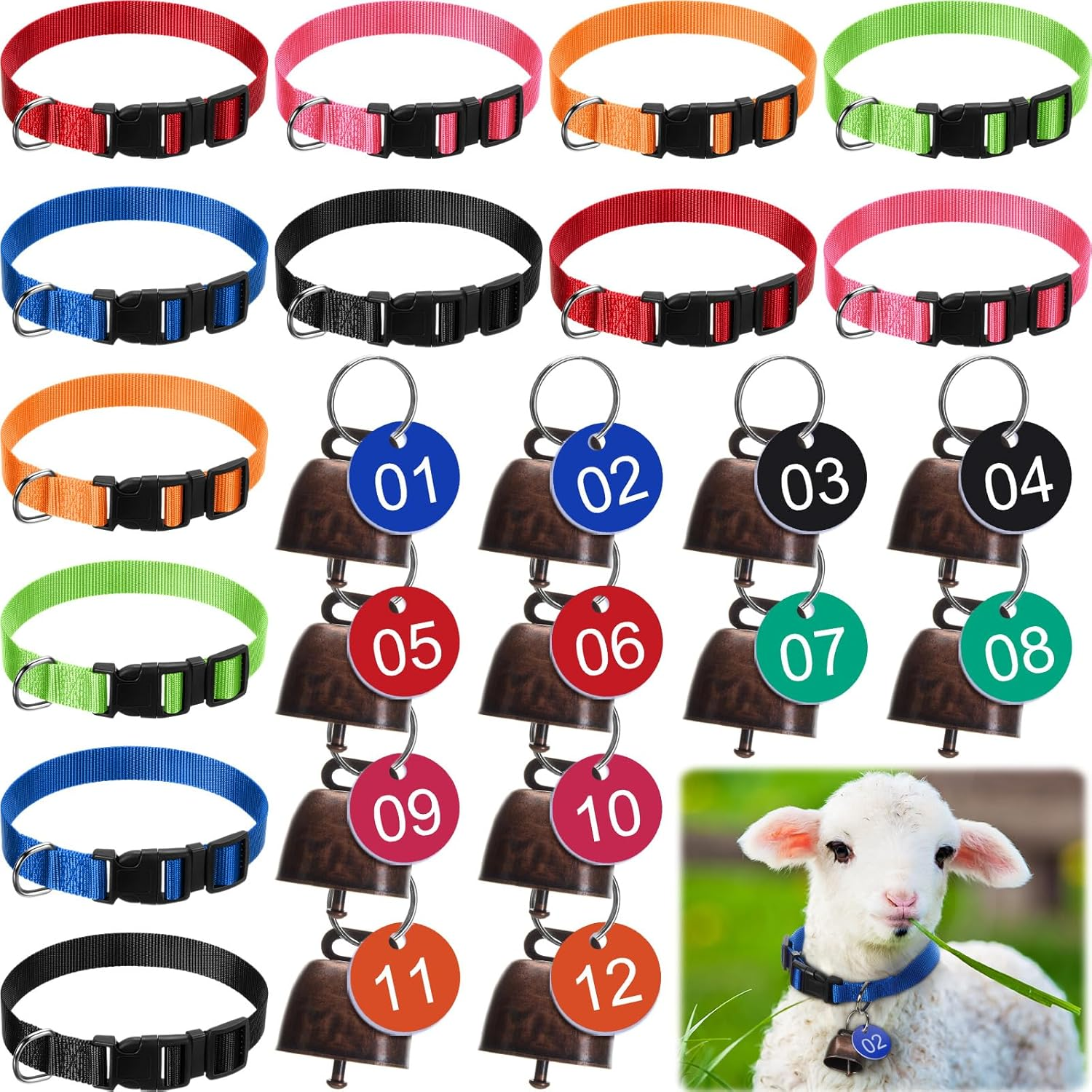 12 Pack Goat Collar with Bell and Number Tag Adjustable Nylon Sheep Collar Set with Plastic ID Number Tags for Small Farm Animal Livestock Goat Sheep Cow Accessories