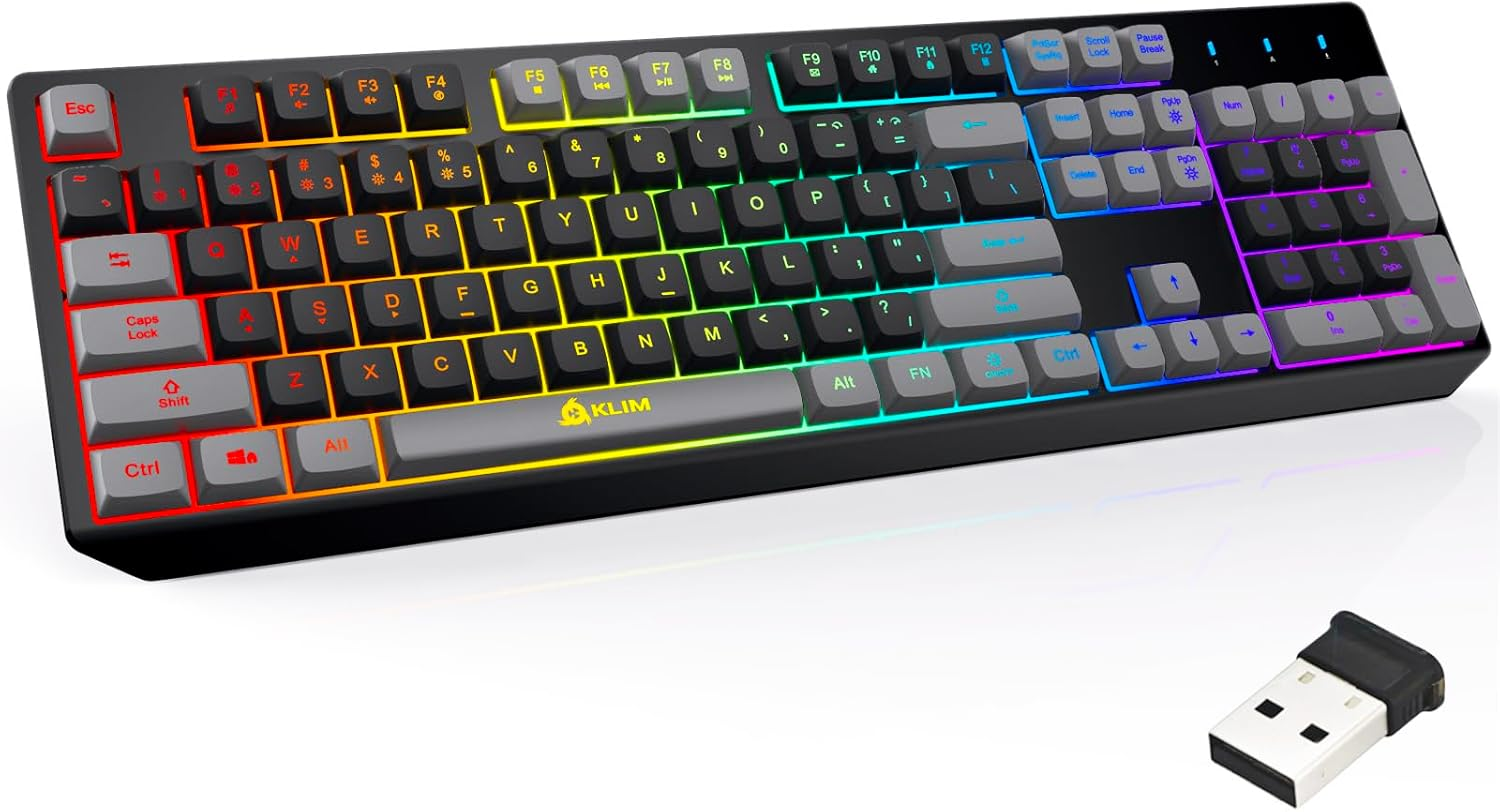 KLIM Chroma Wireless Gaming Keyboard RGB - Backlit Wireless Keyboard - Long-Lasting Rechargeable Battery - Quiet Water Resistant Ergonomic Keyboard - Teclado Gamer - PC PS5 PS4 Mac - Gray/Black