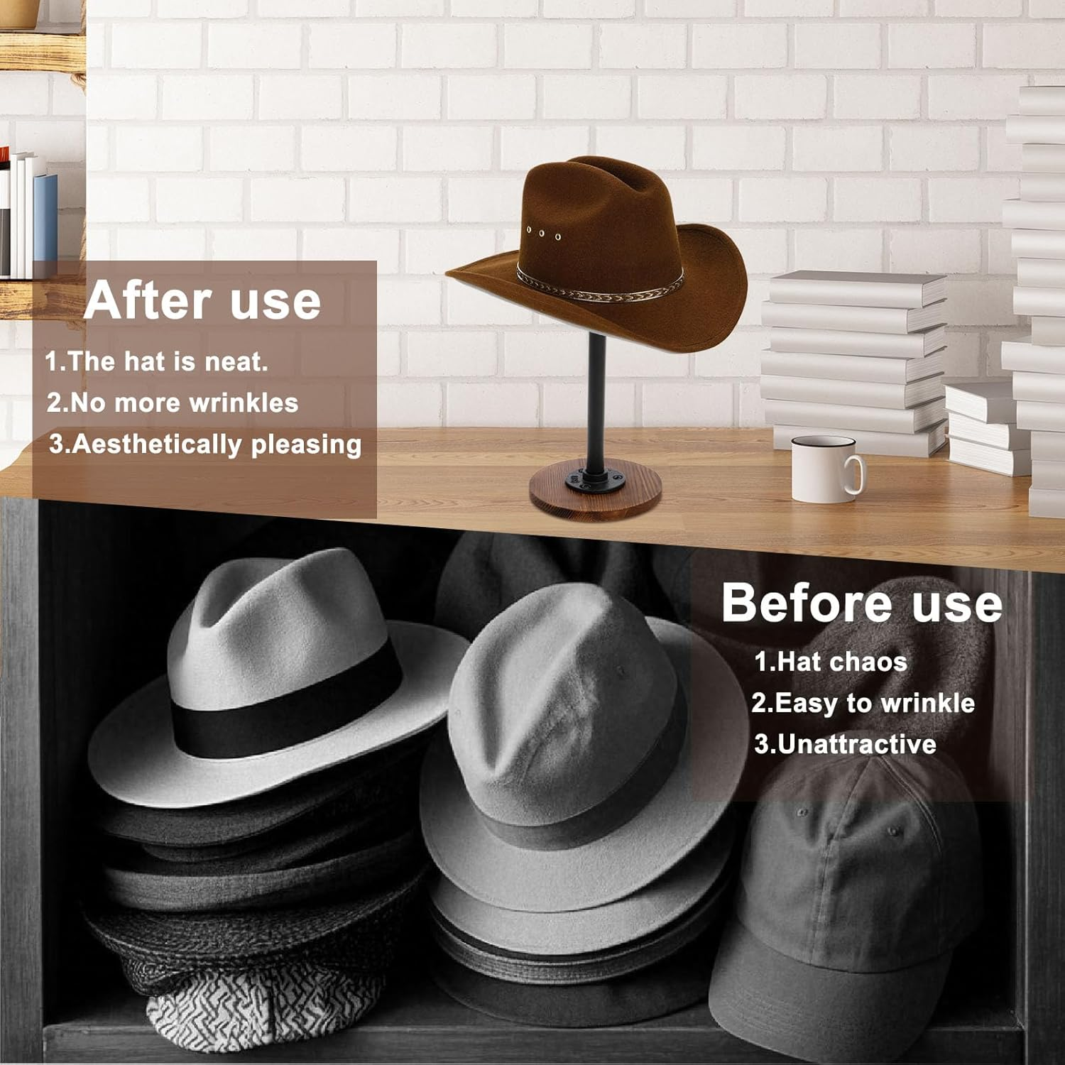 Hat Stand and Wig Display Rack, Burnt Wood Hat Holder Stand, Adjustable Height Hat Holder, with Industrial Metal Pipe Industrial Style Wig Rack, Stable Jewelry Display, Riser Tabletop Helmet image number 4