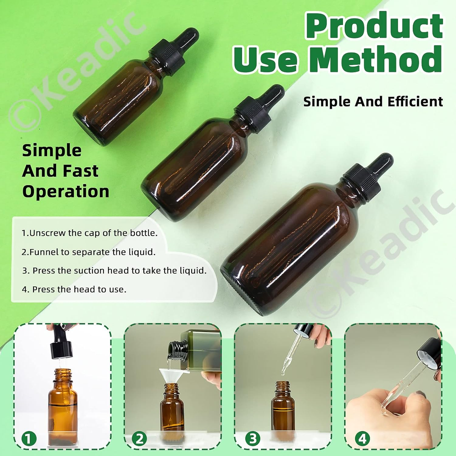 Keadic 24 Pack 1 Oz 2 Oz 4 Oz Glass Dropper Bottles Assortment Set with Tapered Eye Dropper & Black Cap Amber round Boston Tincture Bottles for Massage Essential Oils Perfumes Liquids image number 5